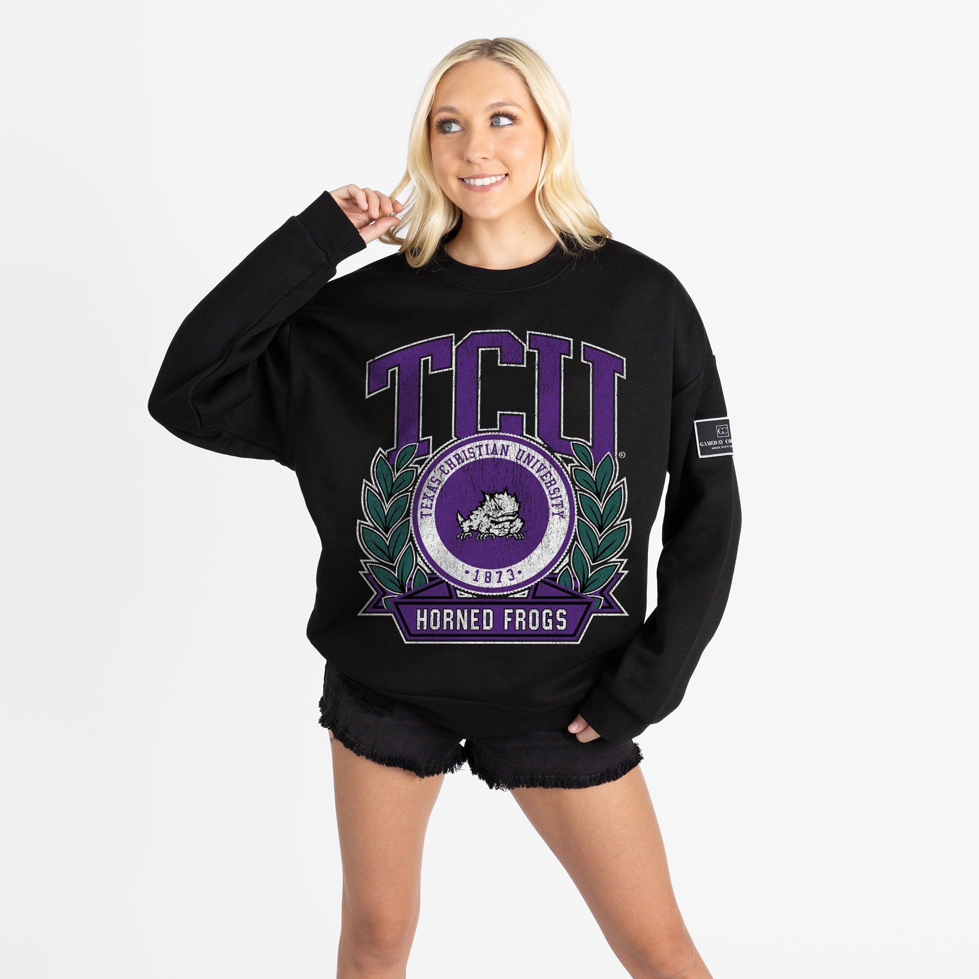 TCU HORNED FROGS VICTORY LANE BLACK LABEL PREMIUM FLEECE DROP SHOULDER CREWNECK