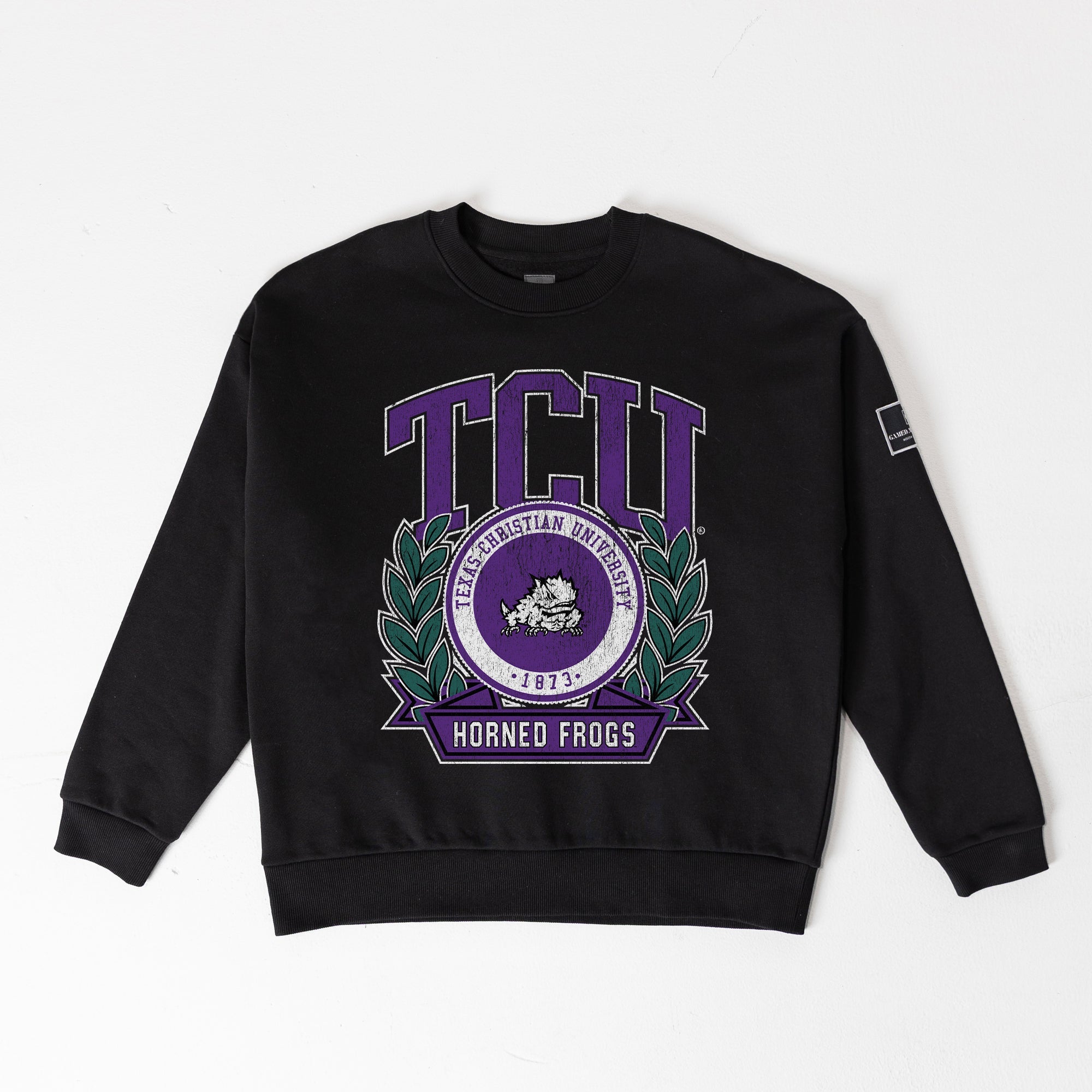 TCU HORNED FROGS VICTORY LANE BLACK LABEL PREMIUM FLEECE DROP SHOULDER CREWNECK