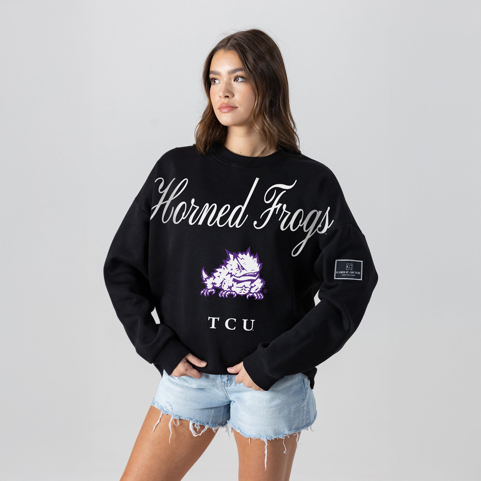 TCU HORNED FROGS LEGACY CLUB BLACK LABEL PREMIUM FLEECE DROP SHOULDER CREWNECK