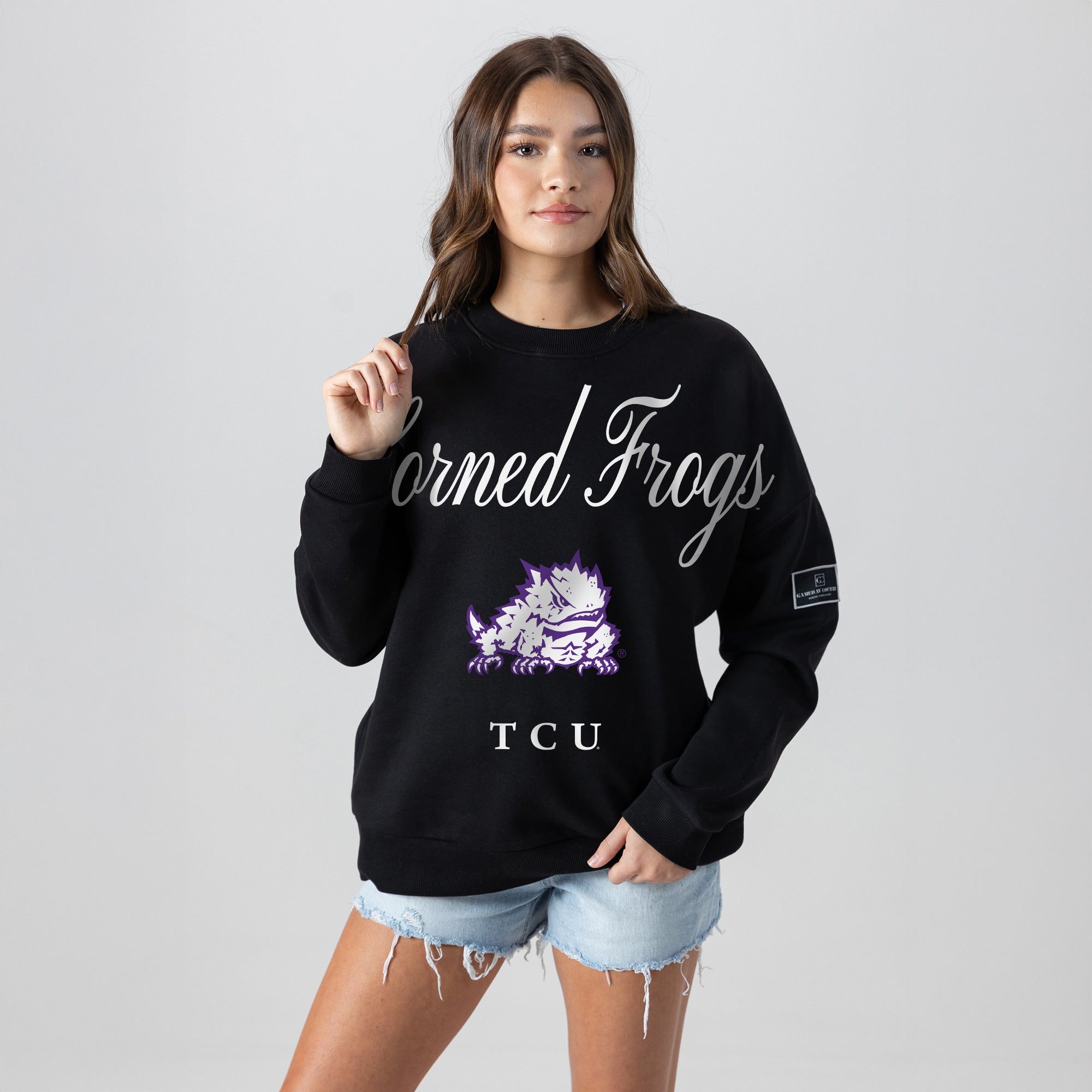 TCU HORNED FROGS LEGACY CLUB BLACK LABEL PREMIUM FLEECE DROP SHOULDER CREWNECK
