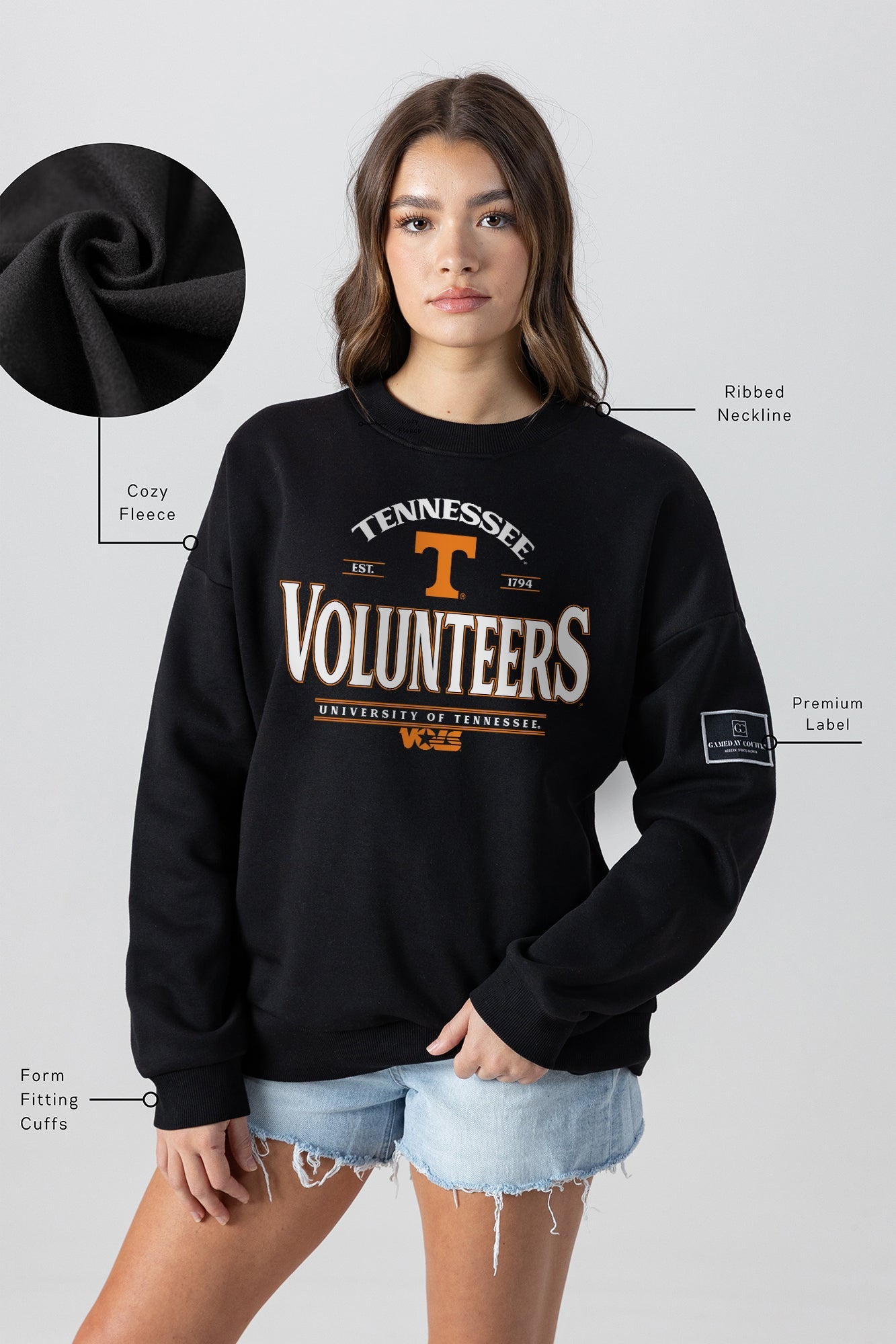 TENNESSEE VOLUNTEERS PLAYERS ONLY BLACK LABEL PREMIUM FLEECE DROP SHOULDER CREWNECK