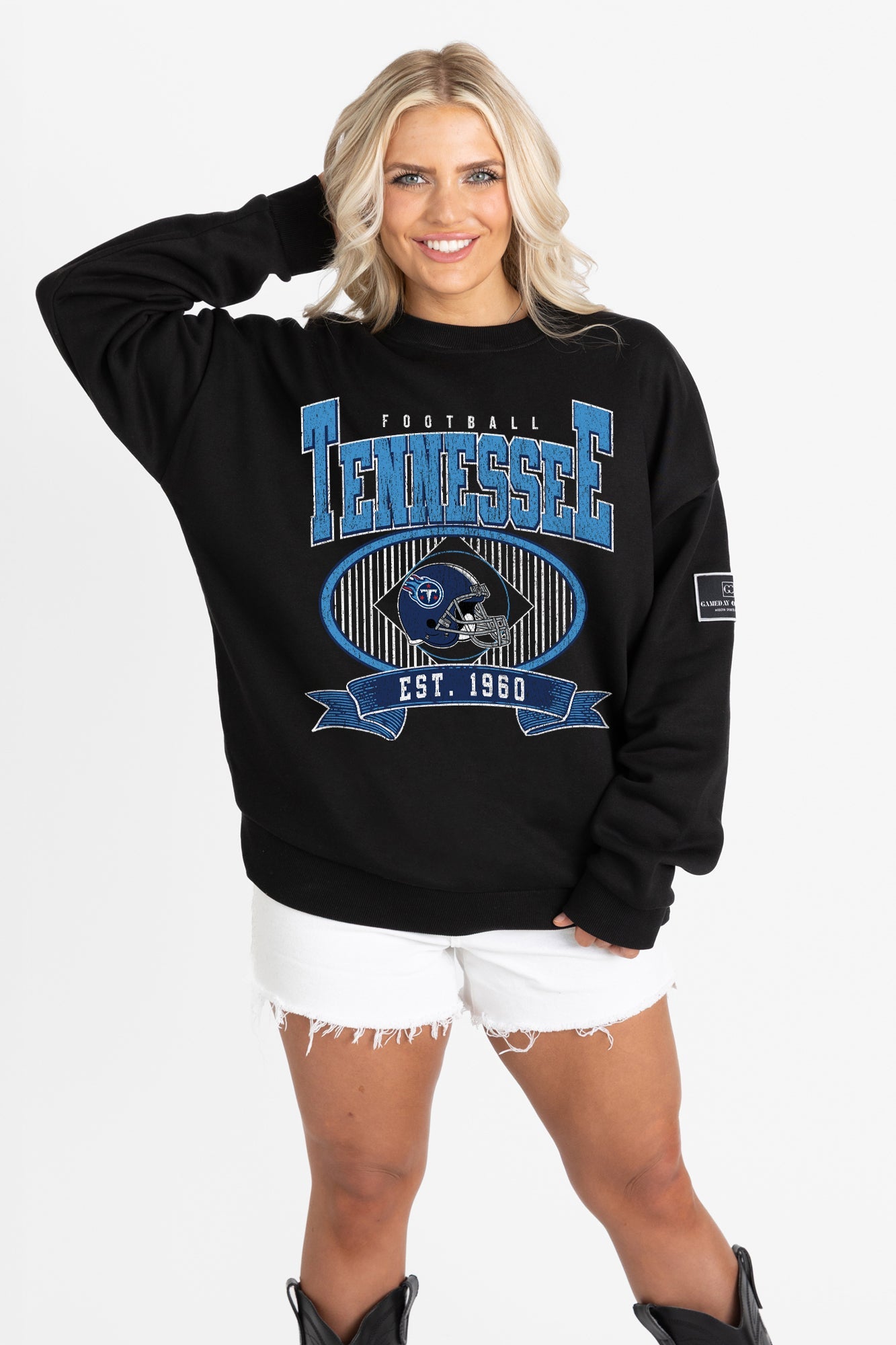 TENNESSEE TITANS BOLD CHEERS BLACK LABEL PREMIUM FLEECE CREW SWEATSHIRT