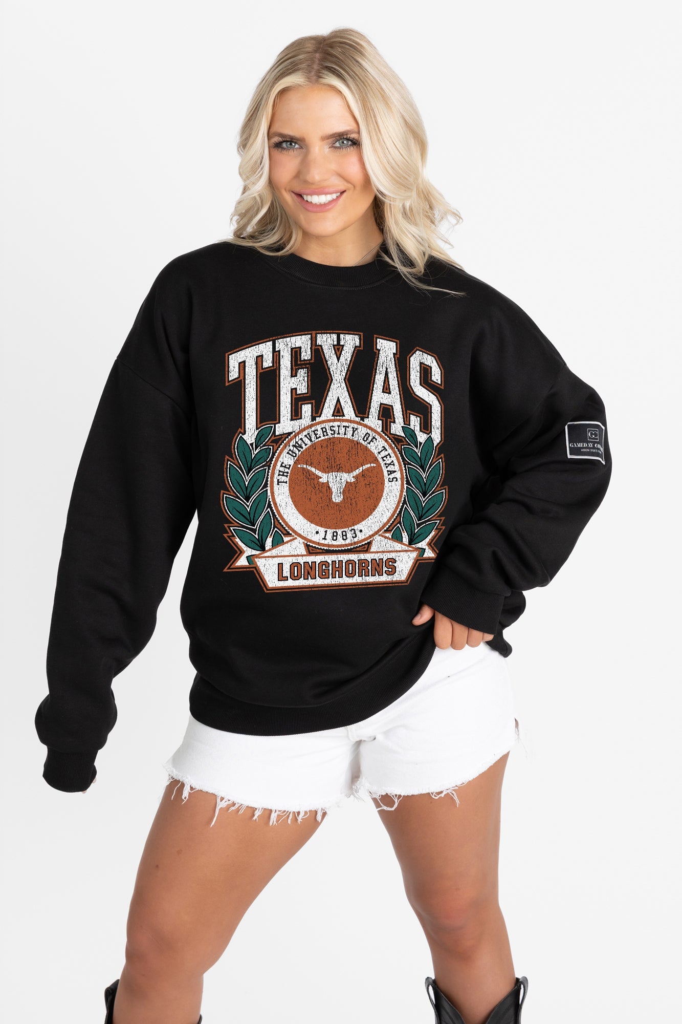 TEXAS LONGHORNS VICTORY LANE BLACK LABEL PREMIUM FLEECE CREW SWEATSHIRT