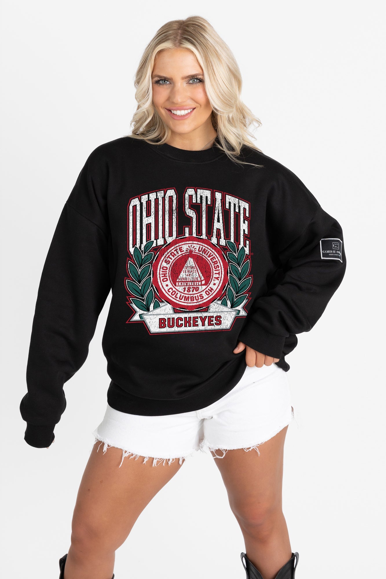 OHIO STATE BUCKEYES VICTORY LANE BLACK LABEL PREMIUM FLEECE CREW SWEATSHIRT