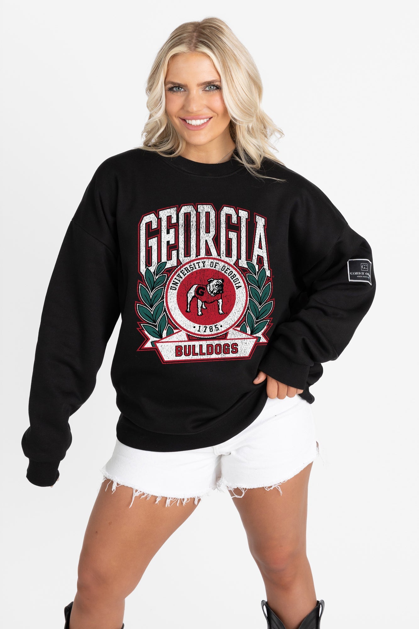 GEORGIA BULLDOGS VICTORY LANE BLACK LABEL PREMIUM FLEECE CREW SWEATSHIRT