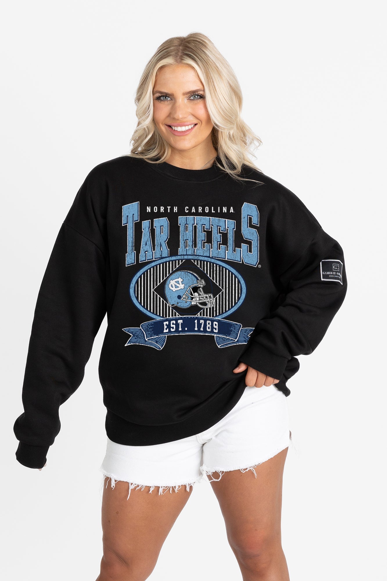 NORTH CAROLINA TAR HEELS BOLD CHEERS BLACK LABEL PREMIUM FLEECE CREW SWEATSHIRT