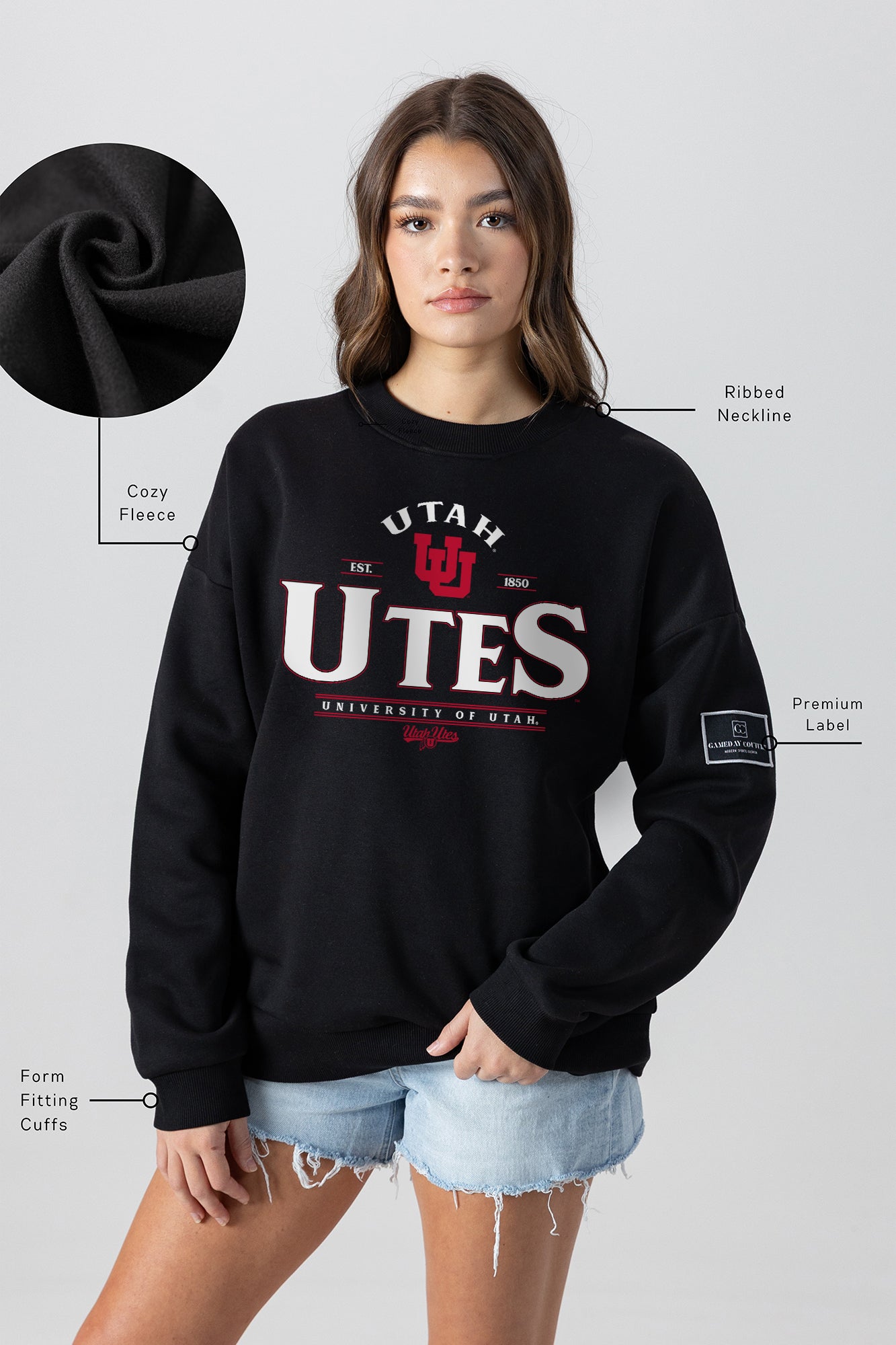UTAH UTES PLAYERS ONLY BLACK LABEL PREMIUM FLEECE DROP SHOULDER CREWNECK