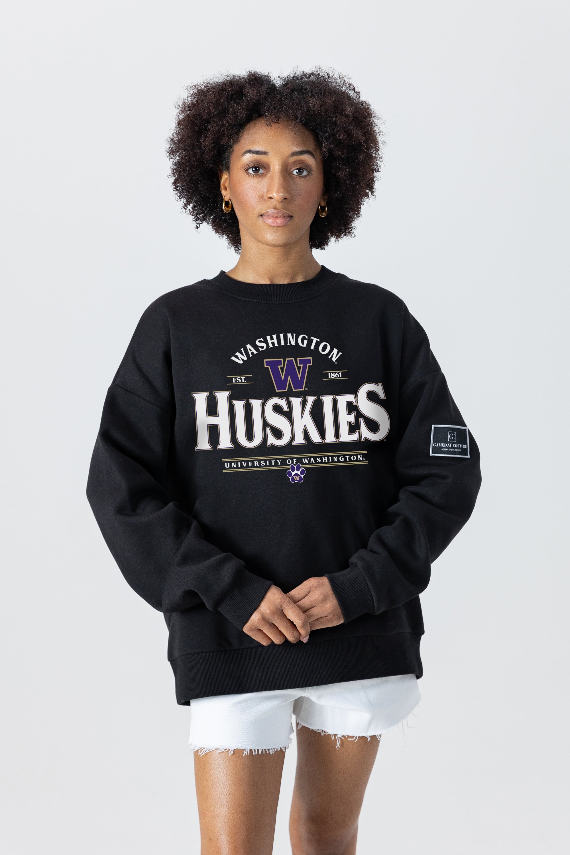 WASHINGTON HUSKIES PLAYERS ONLY BLACK LABEL PREMIUM FLEECE DROP SHOULDER CREWNECK