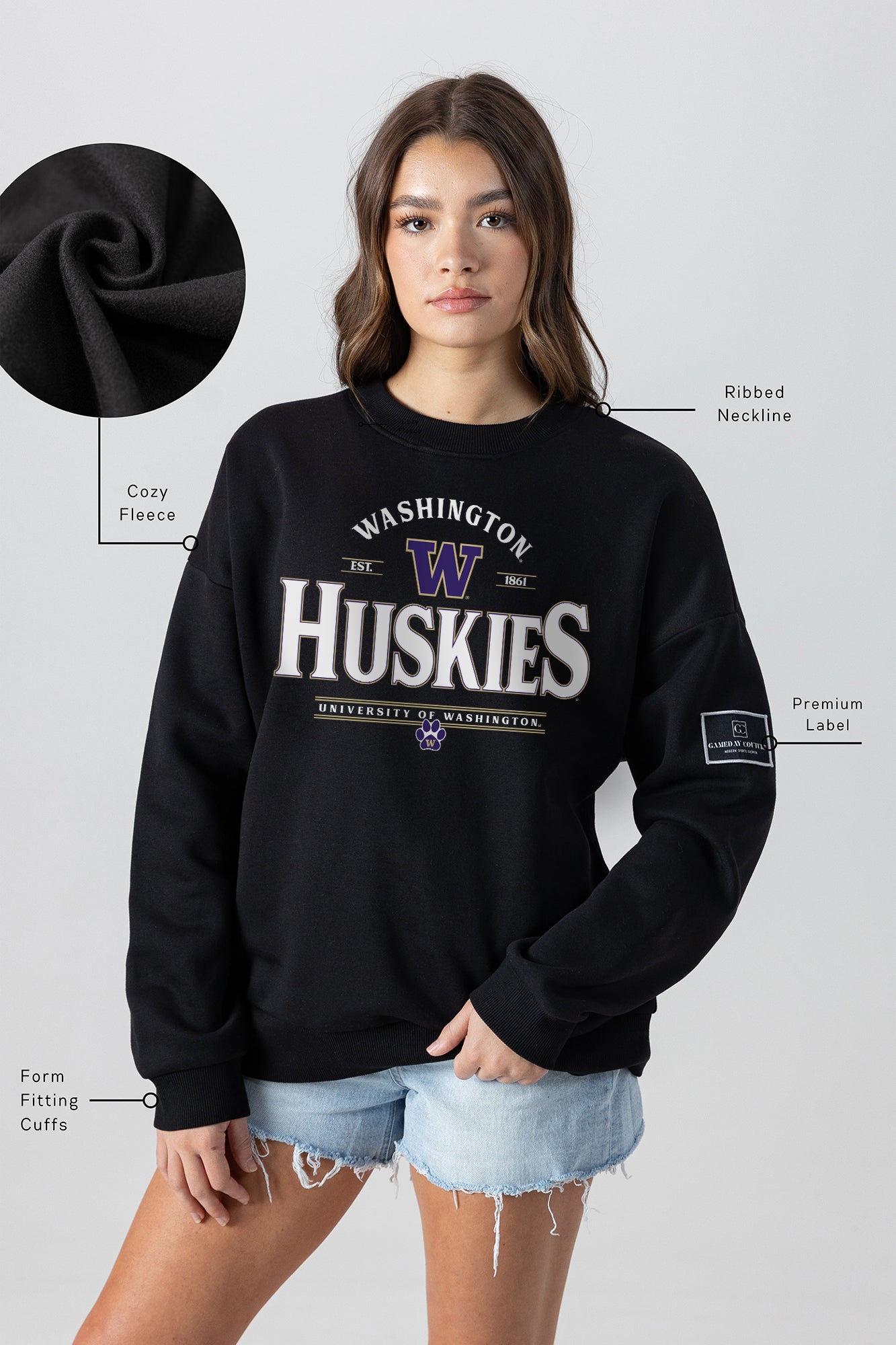 WASHINGTON HUSKIES PLAYERS ONLY BLACK LABEL PREMIUM FLEECE DROP SHOULDER CREWNECK
