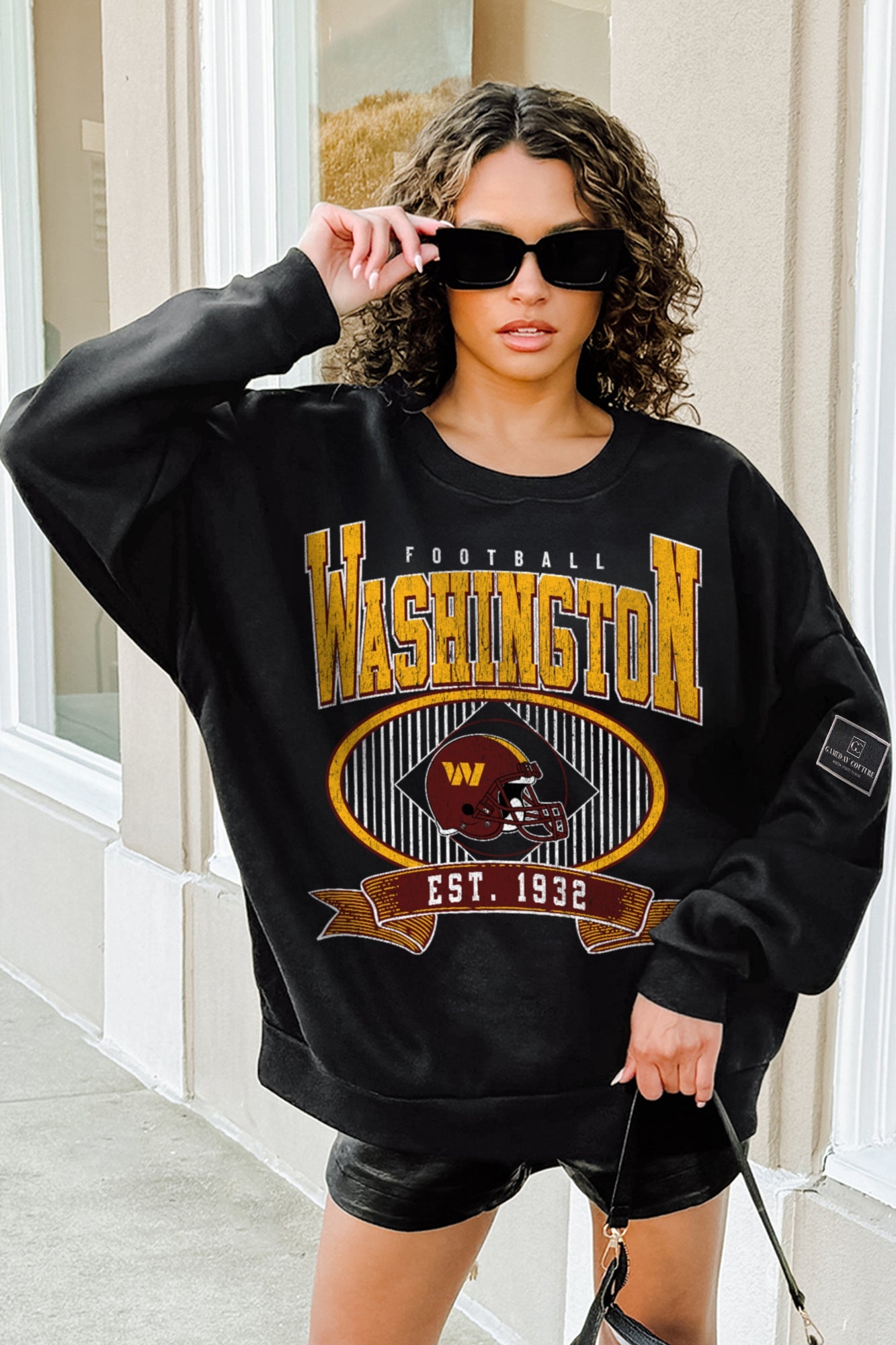 WASHINGTON COMMANDERS BOLD CHEERS BLACK LABEL PREMIUM FLEECE CREW SWEATSHIRT