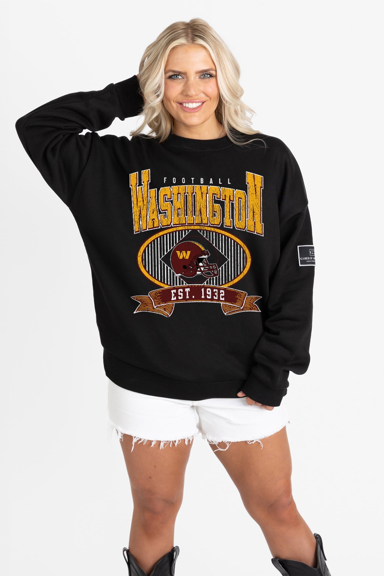 WASHINGTON COMMANDERS BOLD CHEERS BLACK LABEL PREMIUM FLEECE CREW SWEATSHIRT