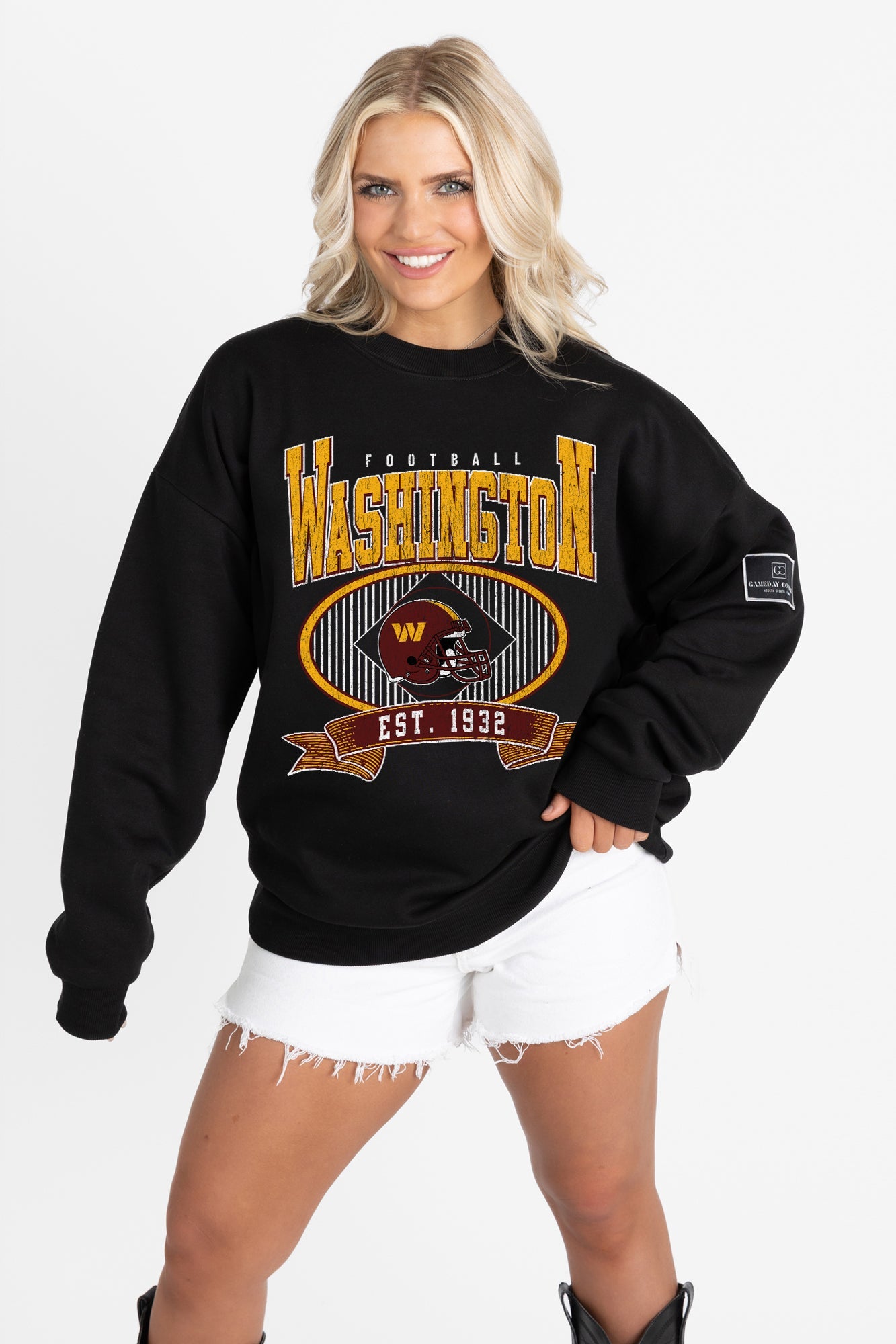 WASHINGTON COMMANDERS BOLD CHEERS BLACK LABEL PREMIUM FLEECE CREW SWEATSHIRT
