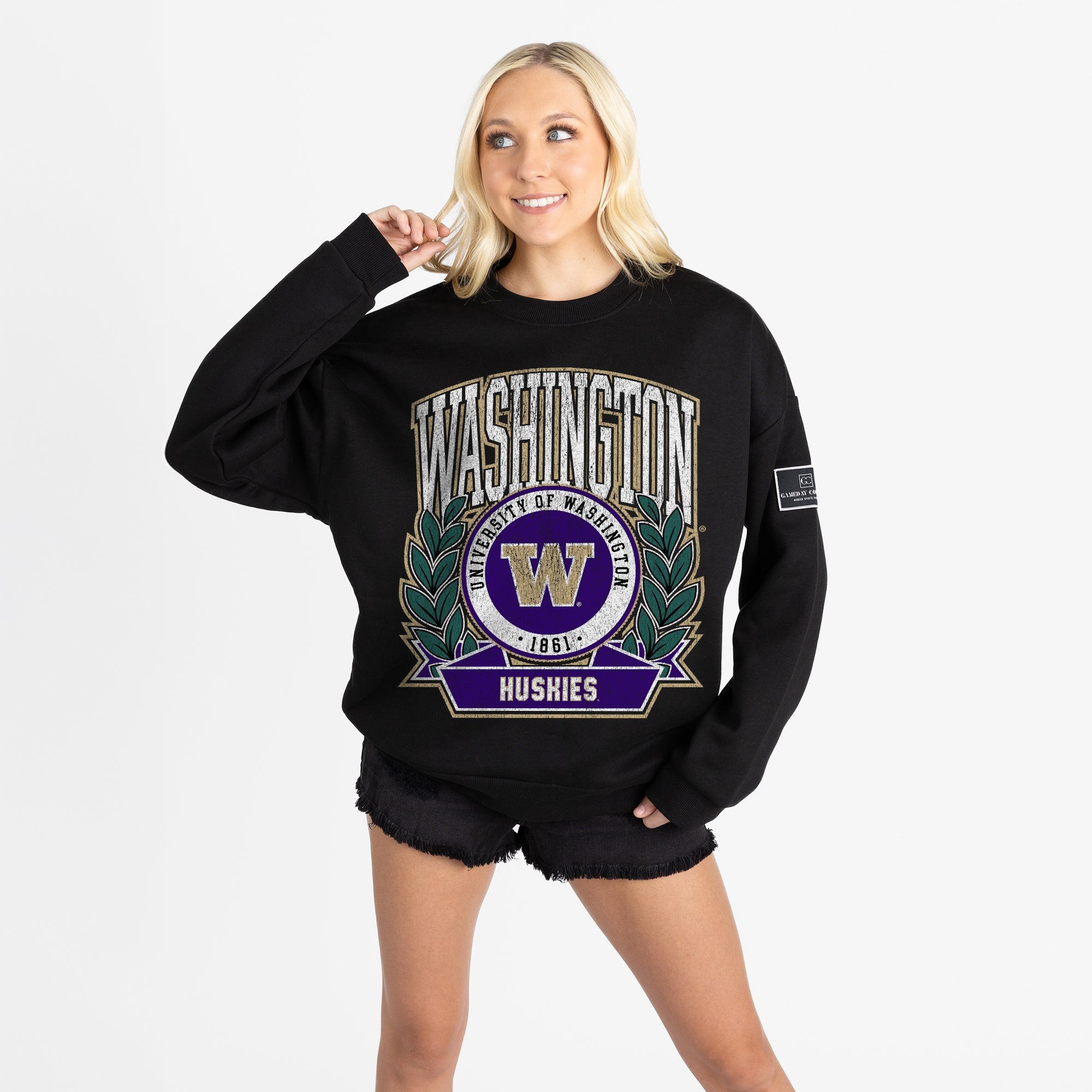 WASHINGTON HUSKIES VICTORY LANE BLACK LABEL PREMIUM FLEECE DROP SHOULDER CREWNECK