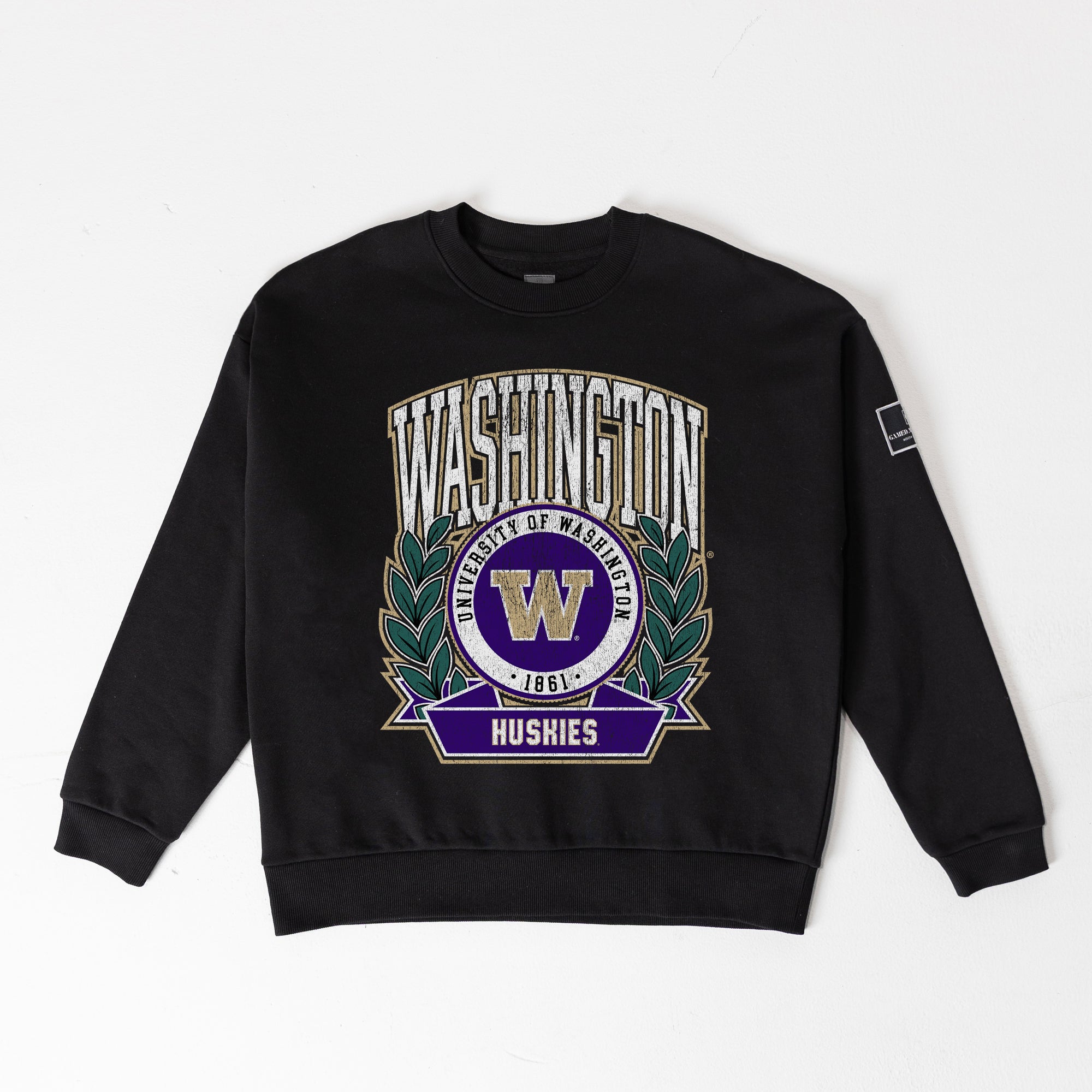 WASHINGTON HUSKIES VICTORY LANE BLACK LABEL PREMIUM FLEECE DROP SHOULDER CREWNECK