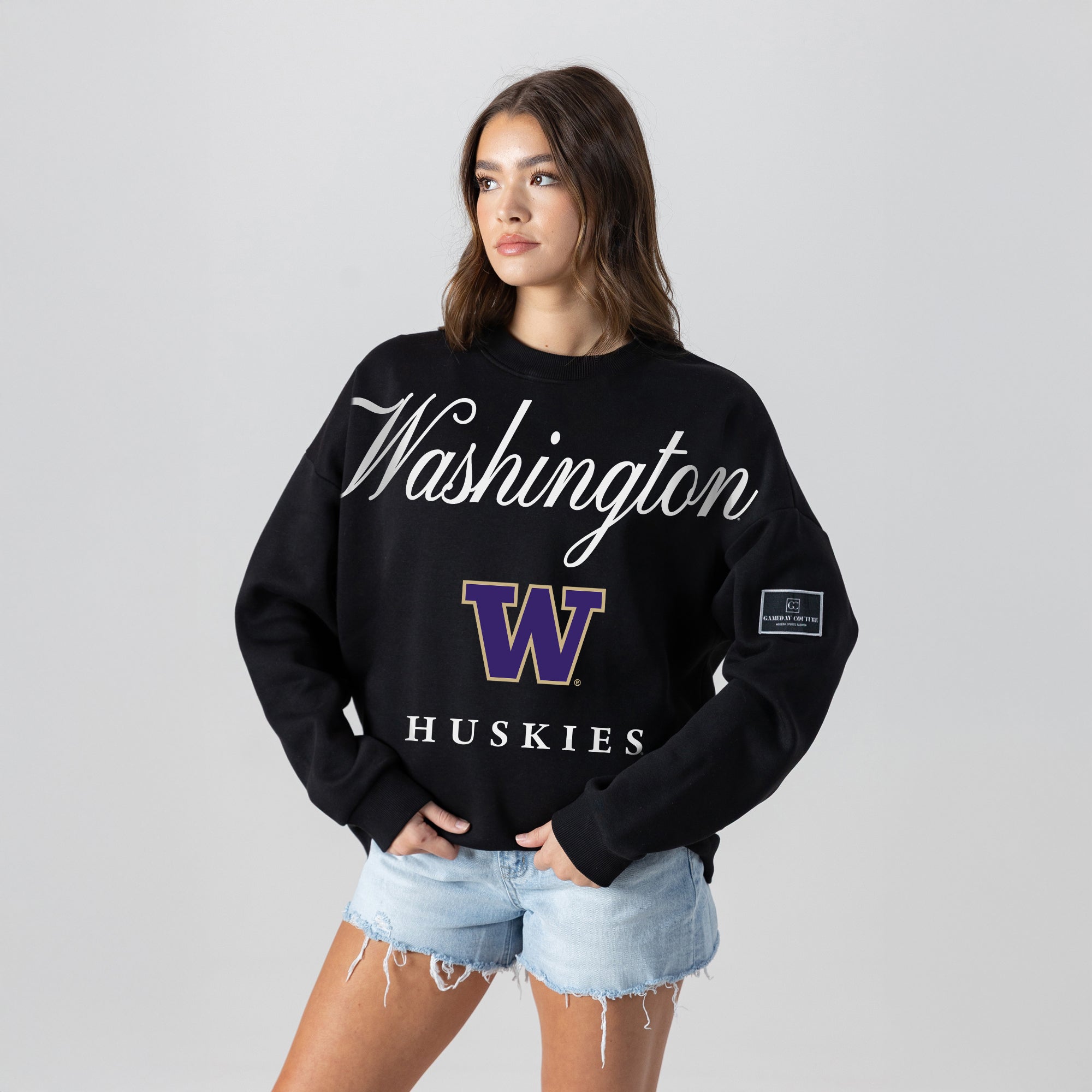 WASHINGTON HUSKIES LEGACY CLUB BLACK LABEL PREMIUM FLEECE DROP SHOULDER CREWNECK