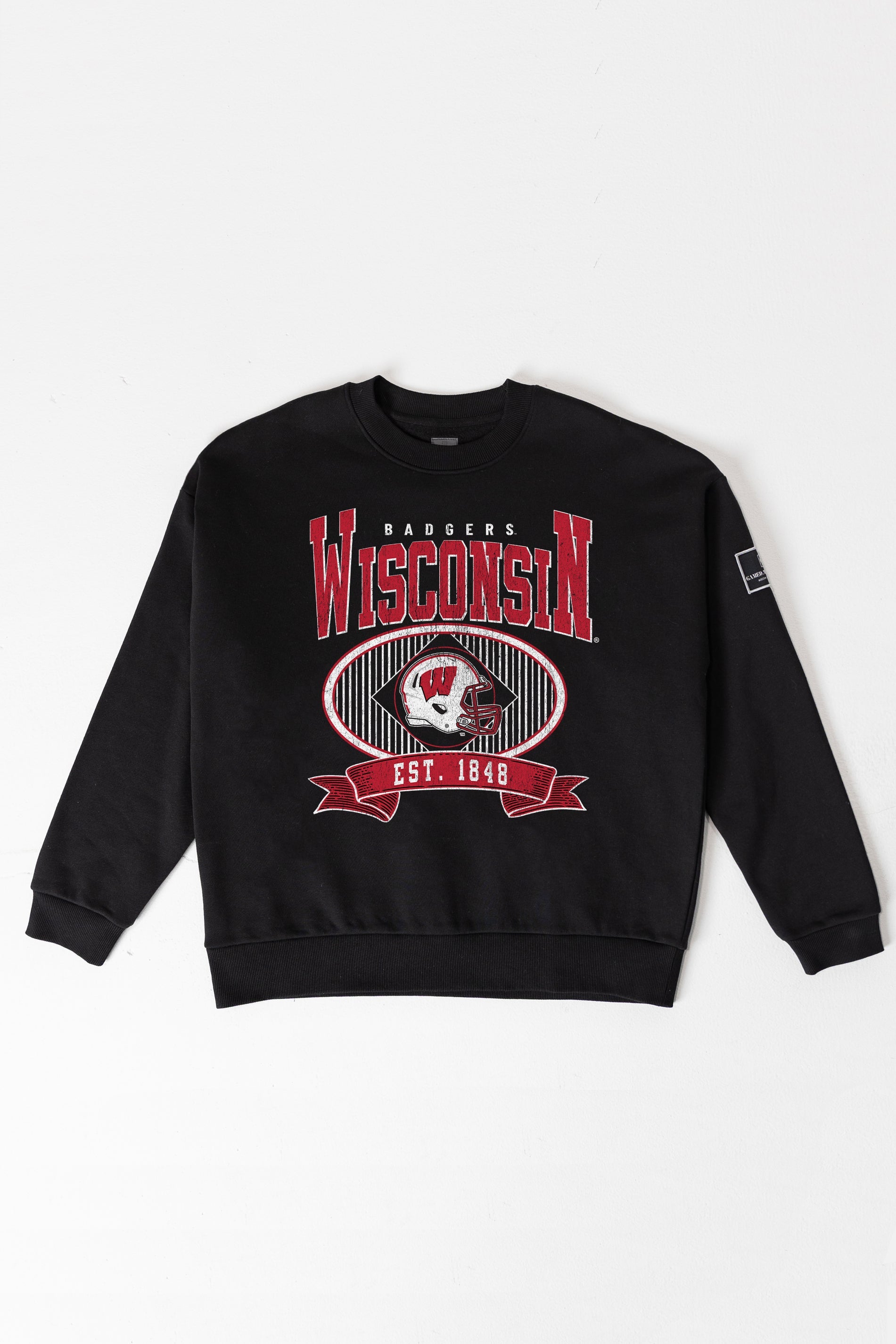 WISCONSIN BADGERS BOLD CHEERS BLACK LABEL PREMIUM FLEECE CREW SWEATSHIRT