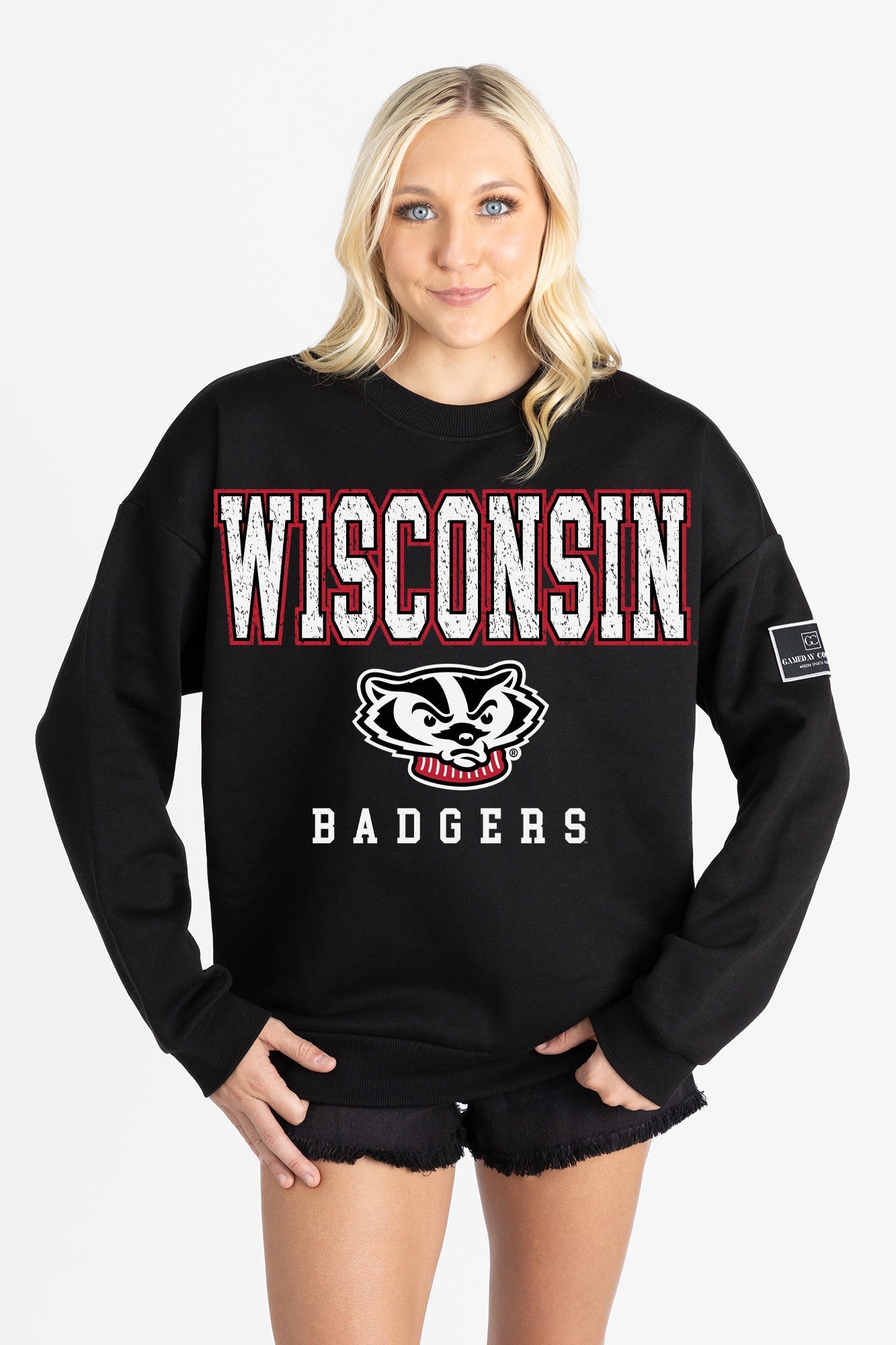WISCONSIN BADGERS LEVEL UP BLACK LABEL PREMIUM FLEECE CREW SWEATSHIRT