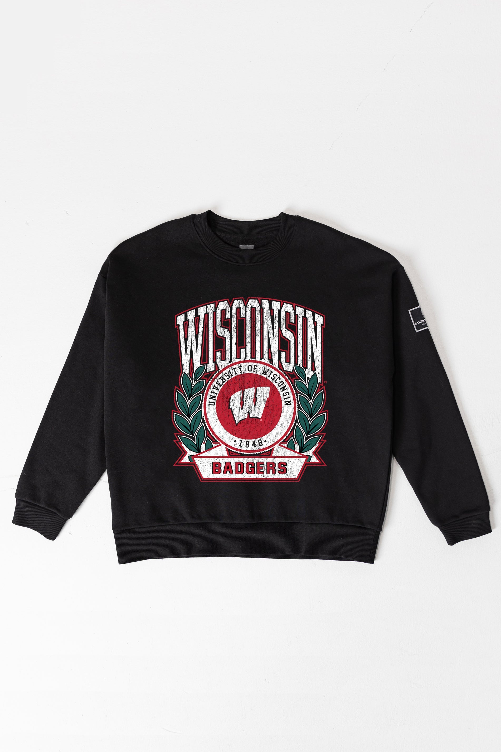 WISCONSIN BADGERS VICTORY LANE BLACK LABEL PREMIUM FLEECE CREW SWEATSHIRT