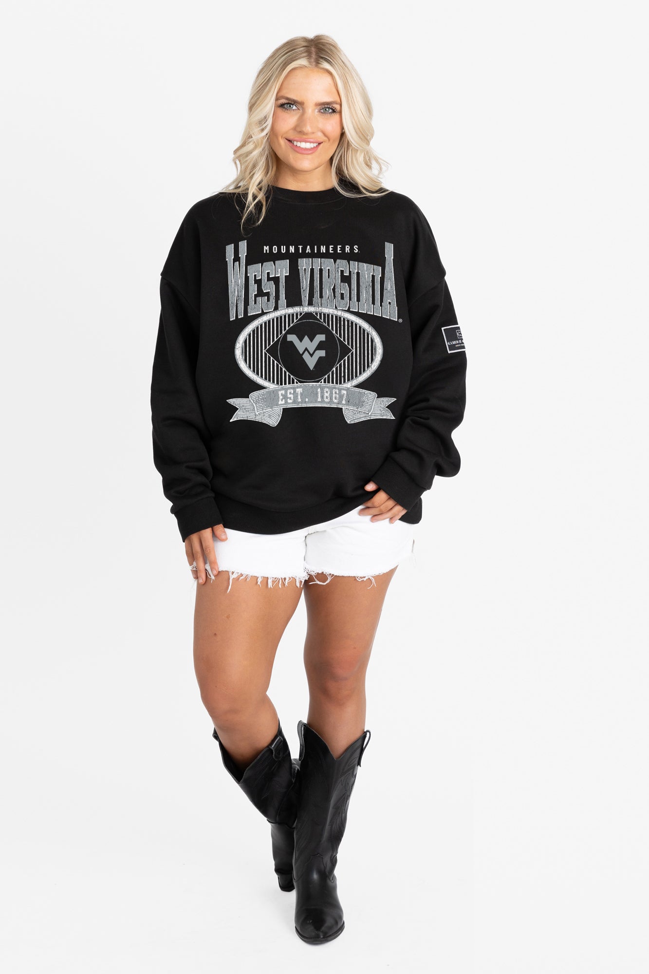 WEST VIRGINIA MOUNTAINEERS BOLD CHEERS BLACK LABEL PREMIUM FLEECE CREW SWEATSHIRT