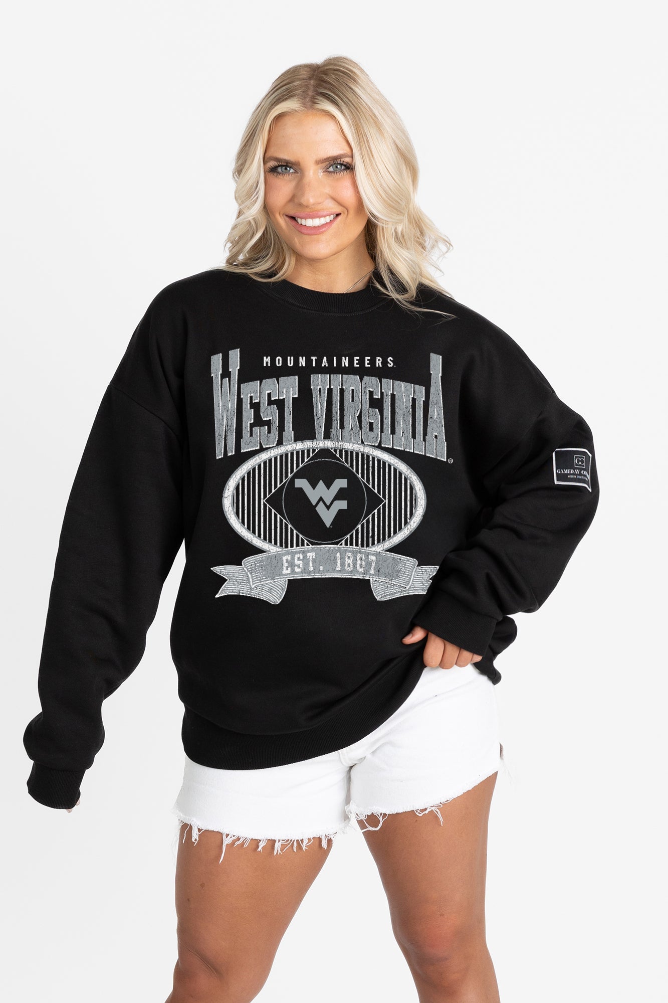 WEST VIRGINIA MOUNTAINEERS BOLD CHEERS BLACK LABEL PREMIUM FLEECE CREW SWEATSHIRT