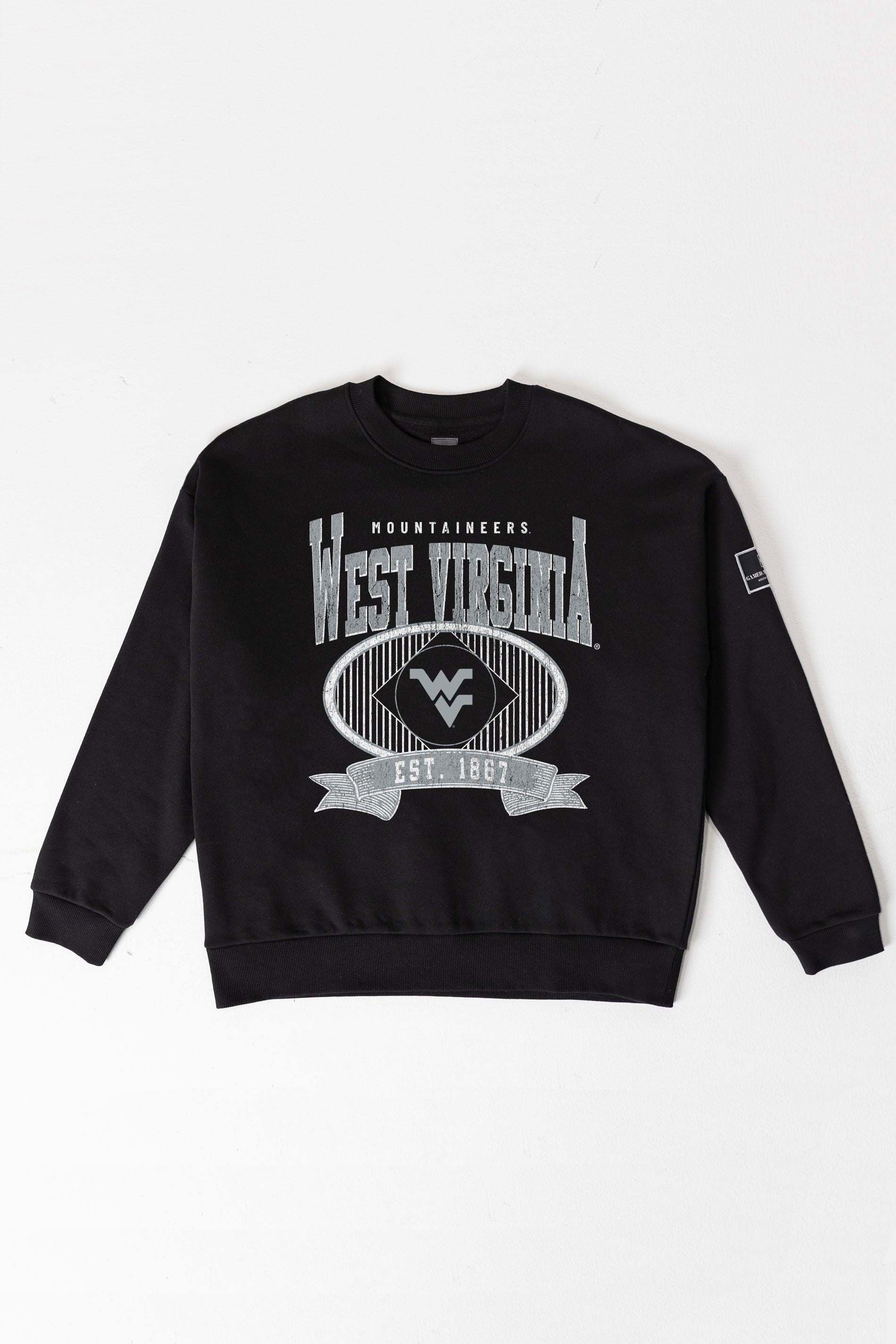WEST VIRGINIA MOUNTAINEERS BOLD CHEERS BLACK LABEL PREMIUM FLEECE CREW SWEATSHIRT