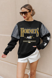 ALABAMA STATE HORNETS SHINING SPIRIT CREWNECK FLEECE WITH JERSEY MESH CONTRASTING SHOULDER INSERT AND RIBBED CUFFS AND WAISTBAND