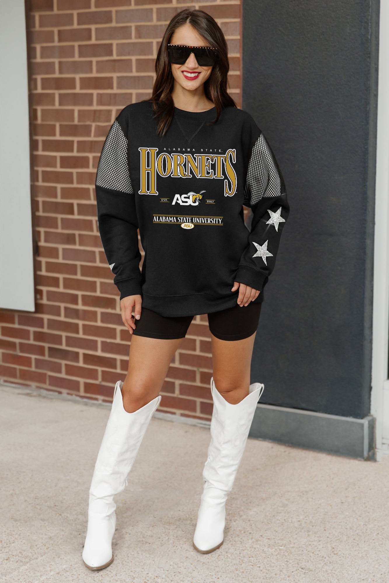 ALABAMA STATE HORNETS SHINING SPIRIT CREWNECK FLEECE WITH JERSEY MESH CONTRASTING SHOULDER INSERT AND RIBBED CUFFS AND WAISTBAND