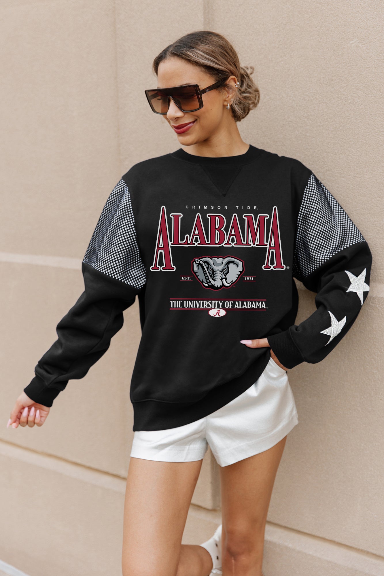 ALABAMA CRIMSON TIDE SHINING SPIRIT CREWNECK FLEECE WITH JERSEY MESH CONTRASTING SHOULDER INSERT AND RIBBED CUFFS AND WAISTBAND
