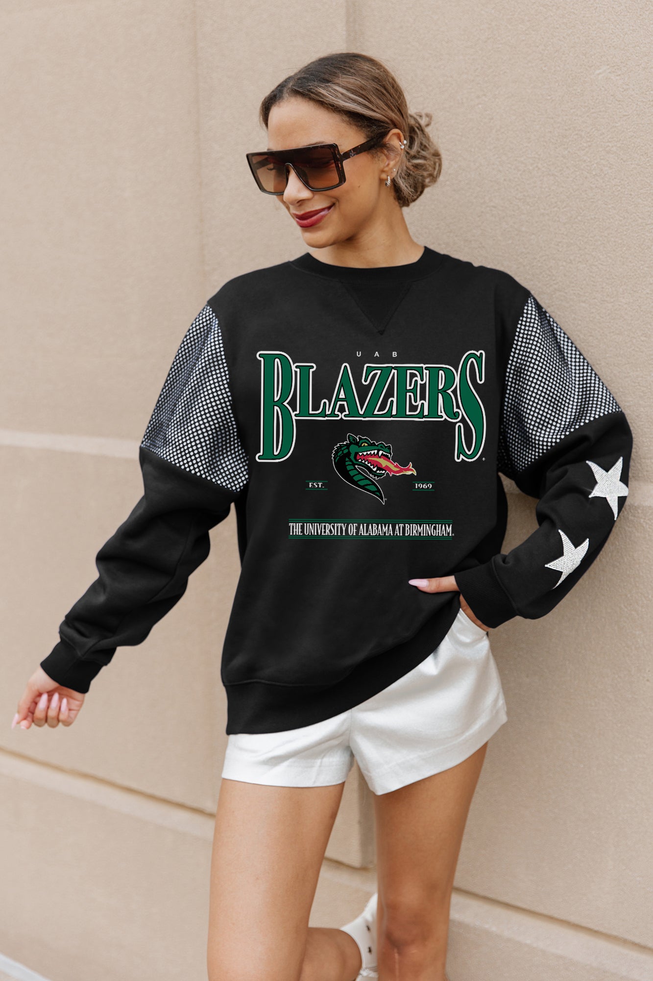 ALABAMA AT BIRMINGHAM BLAZERS SHINING SPIRIT CREWNECK FLEECE WITH JERSEY MESH CONTRASTING SHOULDER INSERT AND RIBBED CUFFS AND WAISTBAND