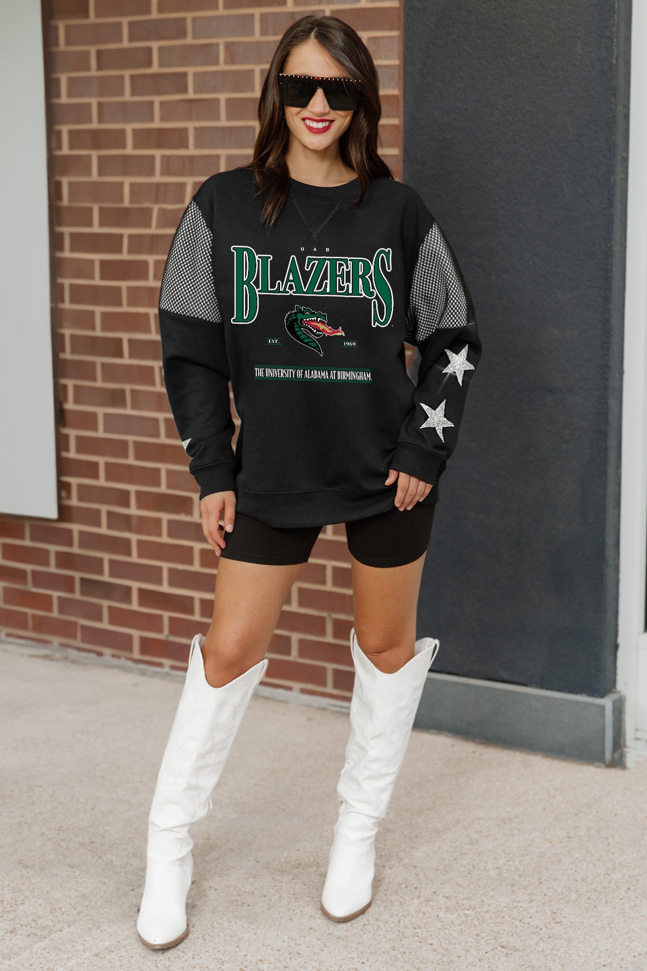 ALABAMA AT BIRMINGHAM BLAZERS SHINING SPIRIT CREWNECK FLEECE WITH JERSEY MESH CONTRASTING SHOULDER INSERT AND RIBBED CUFFS AND WAISTBAND