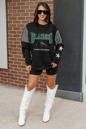 ALABAMA AT BIRMINGHAM BLAZERS SHINING SPIRIT CREWNECK FLEECE WITH JERSEY MESH CONTRASTING SHOULDER INSERT AND RIBBED CUFFS AND WAISTBAND