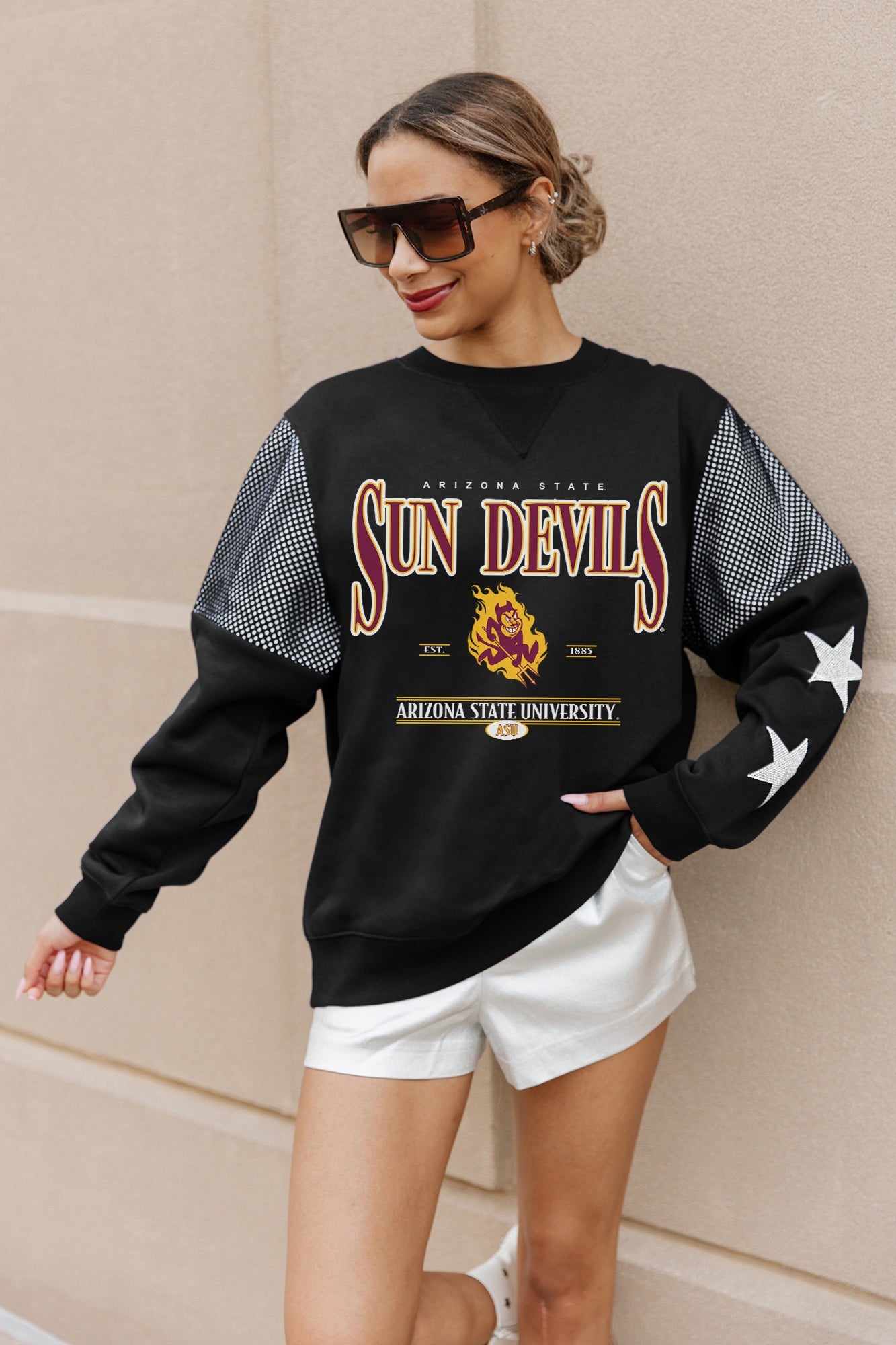 ARIZONA STATE SUN DEVILS SHINING SPIRIT CREWNECK FLEECE WITH JERSEY MESH CONTRASTING SHOULDER INSERT AND RIBBED CUFFS AND WAISTBAND