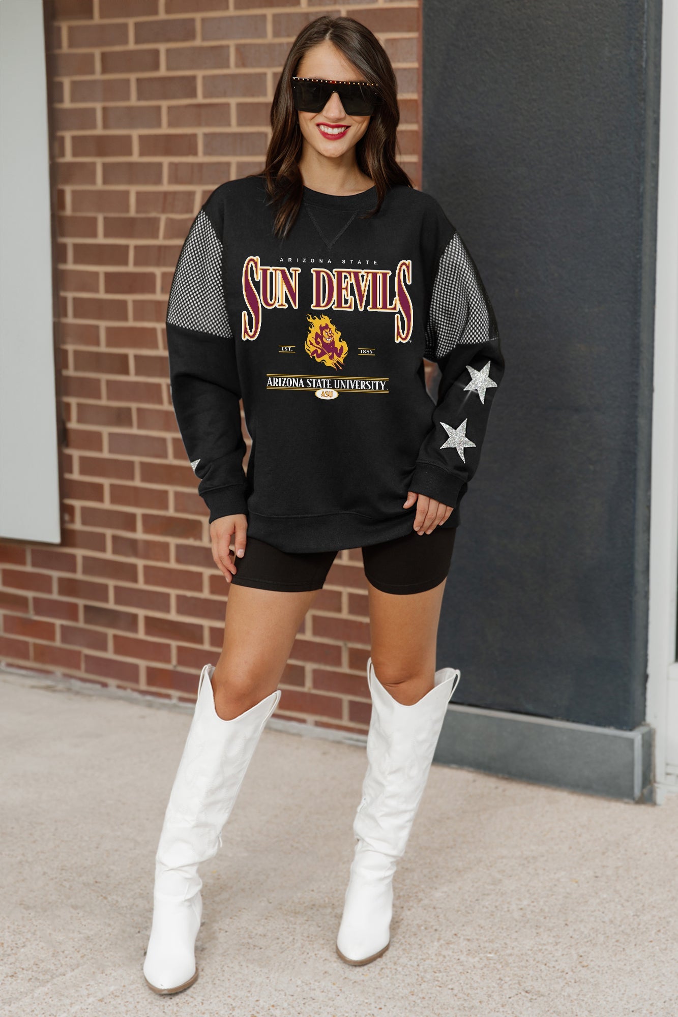 ARIZONA STATE SUN DEVILS SHINING SPIRIT CREWNECK FLEECE WITH JERSEY MESH CONTRASTING SHOULDER INSERT AND RIBBED CUFFS AND WAISTBAND