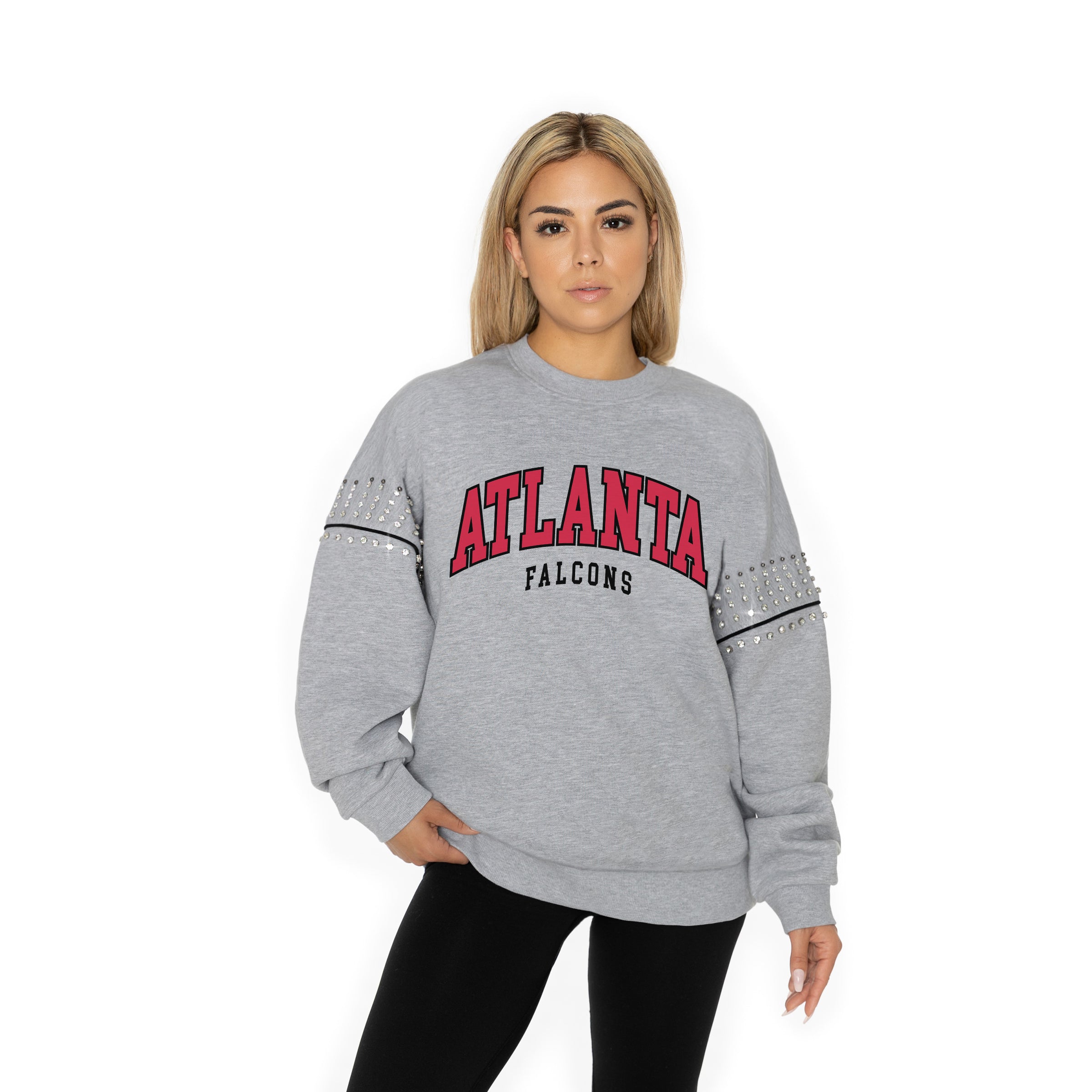 ATLANTA FALCONS COMPETITIVE EDGE FLEECE PULLOVER WITH JEWEL SLEEVE EMBELLISHMENTS