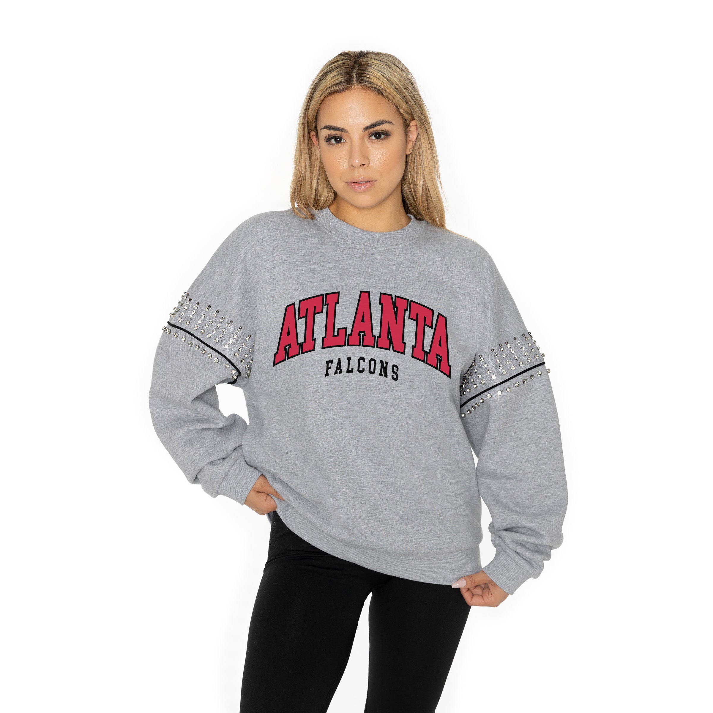 ATLANTA FALCONS COMPETITIVE EDGE FLEECE PULLOVER WITH JEWEL SLEEVE EMBELLISHMENTS