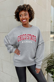 CHICO STATE WILDCATS COMPETITIVE EDGE FLEECE PULLOVER WITH JEWEL SLEEVE EMBELLISHMENTS