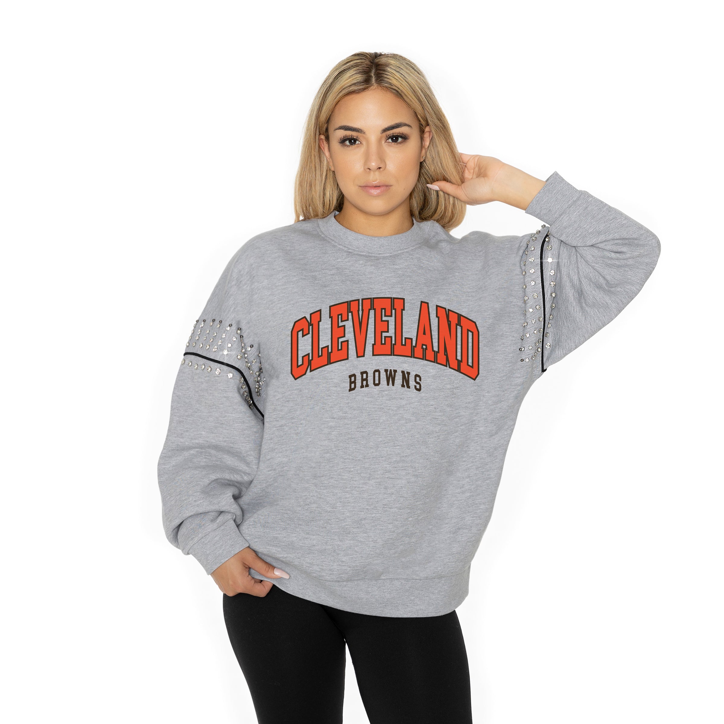 CLEVELAND BROWNS COMPETITIVE EDGE FLEECE PULLOVER WITH JEWEL SLEEVE EMBELLISHMENTS