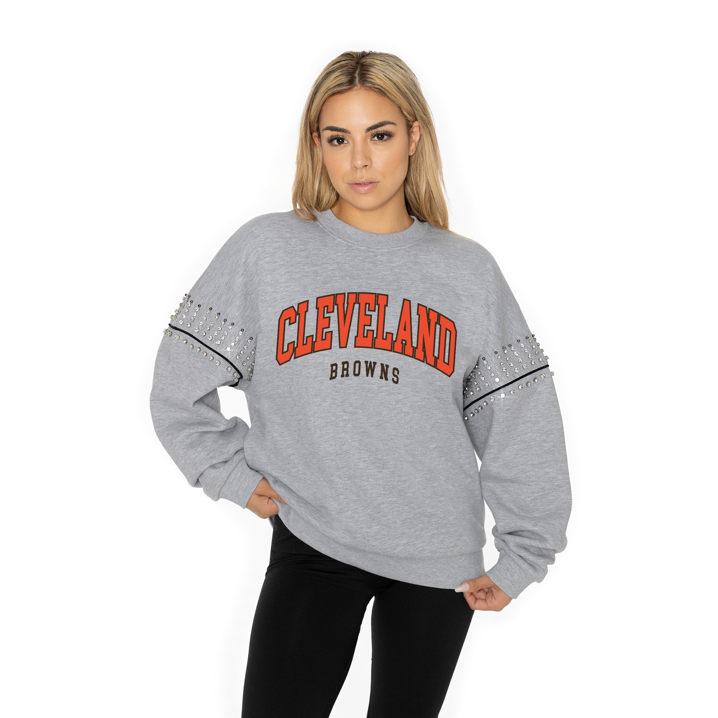 CLEVELAND BROWNS COMPETITIVE EDGE FLEECE PULLOVER WITH JEWEL SLEEVE EMBELLISHMENTS