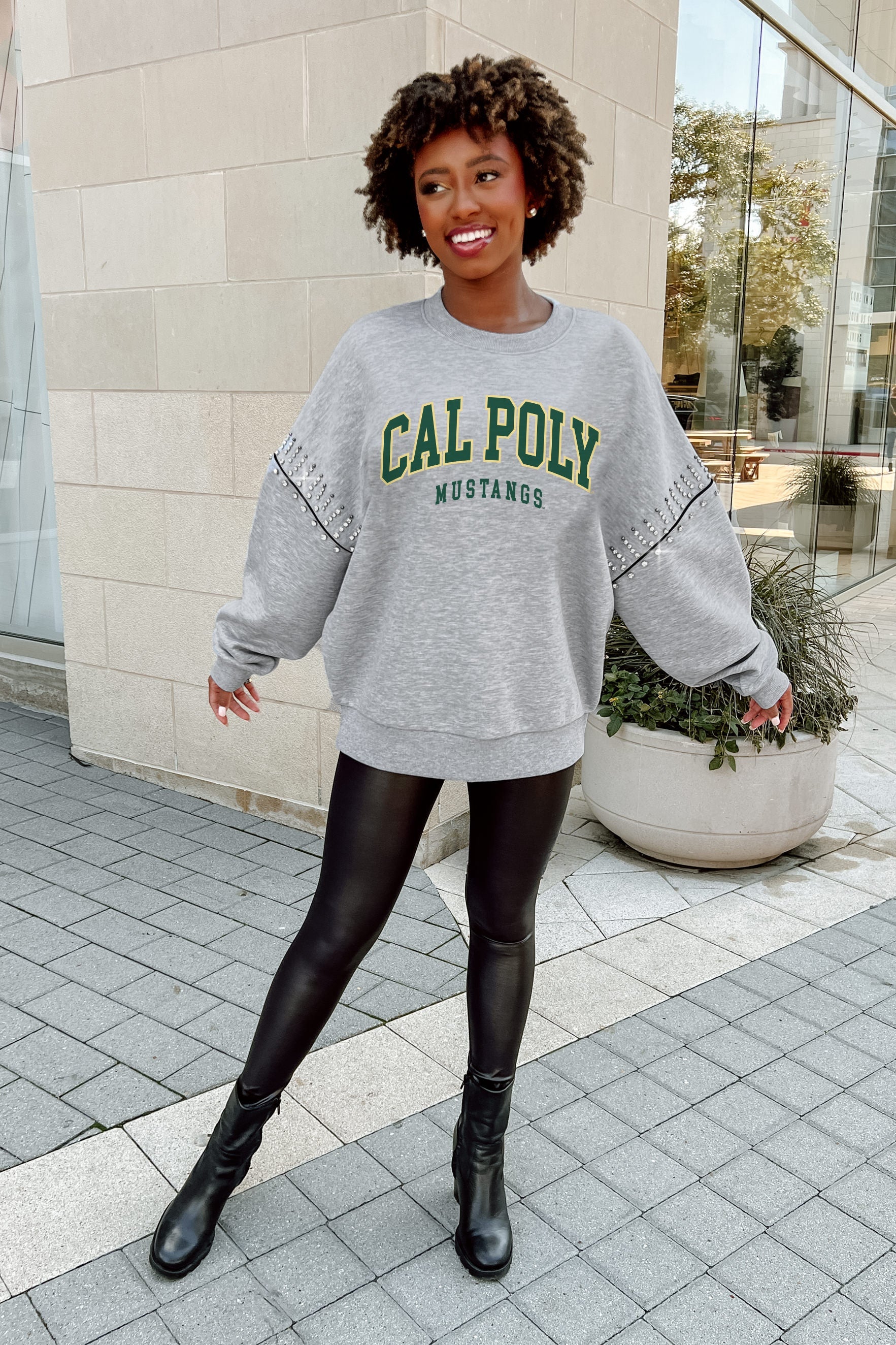 CAL POLY MUSTANGS COMPETITIVE EDGE FLEECE PULLOVER WITH JEWEL SLEEVE EMBELLISHMENTS
