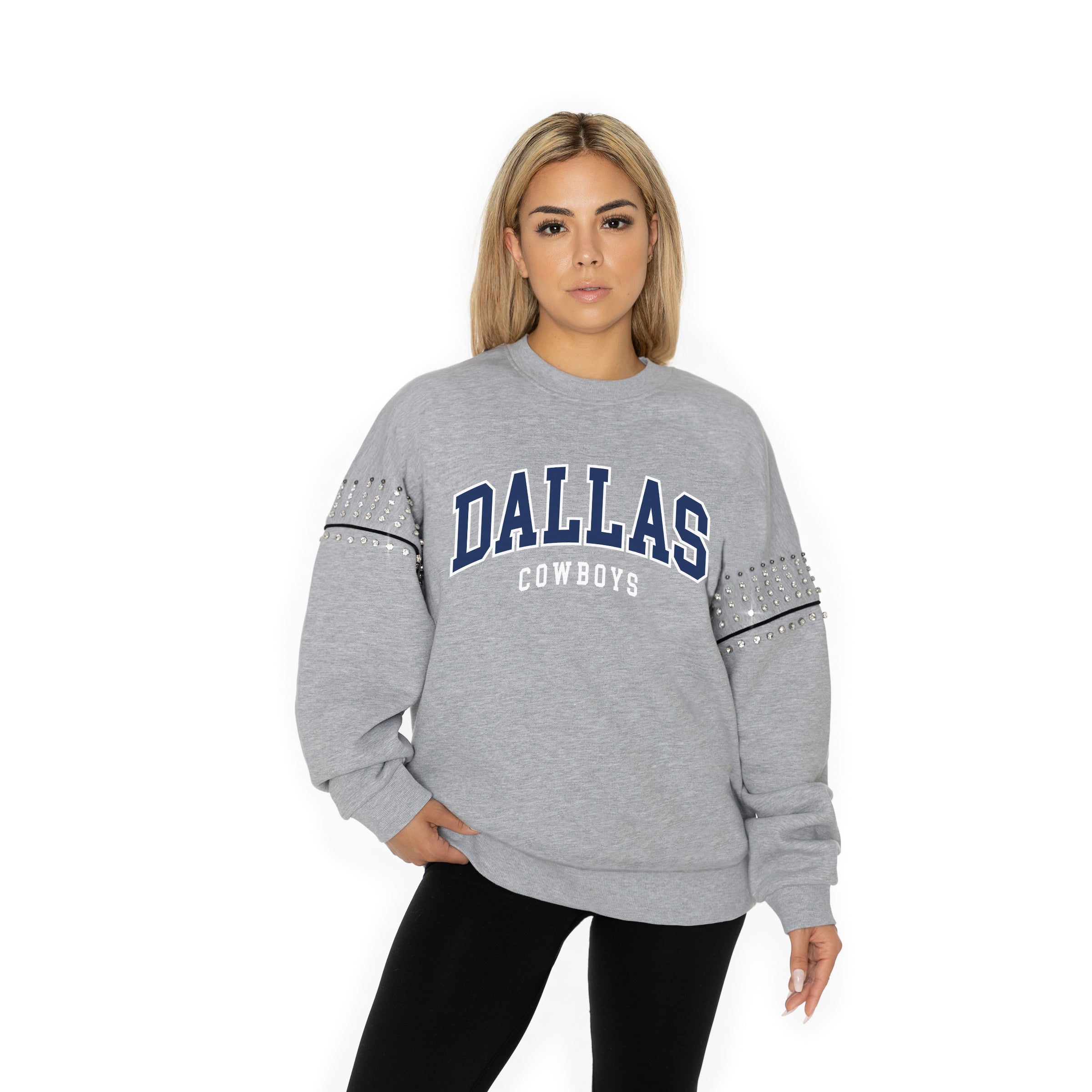 DALLAS COWBOYS COMPETITIVE EDGE FLEECE PULLOVER WITH JEWEL SLEEVE EMBELLISHMENTS