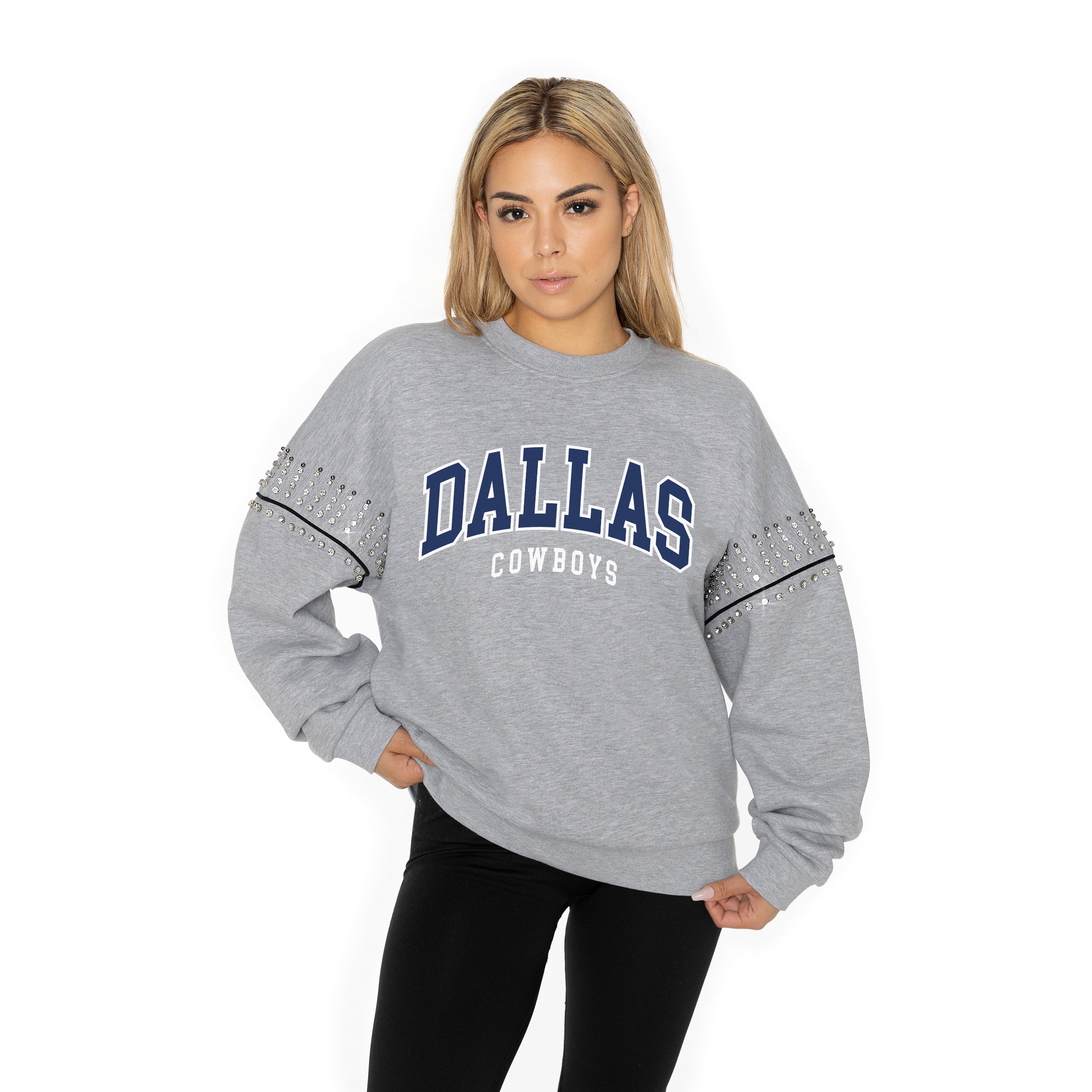 DALLAS COWBOYS COMPETITIVE EDGE FLEECE PULLOVER WITH JEWEL SLEEVE EMBELLISHMENTS