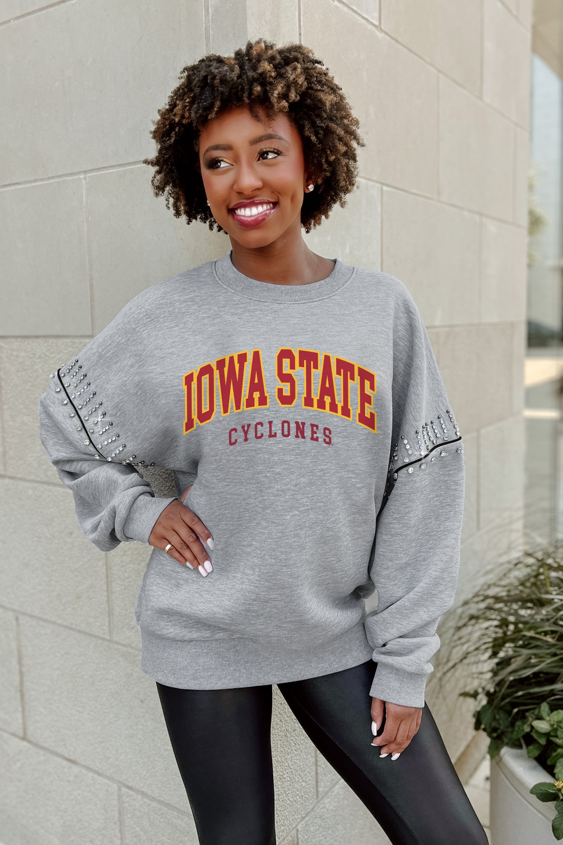 IOWA STATE CYCLONES COMPETITIVE EDGE FLEECE PULLOVER WITH JEWEL SLEEVE EMBELLISHMENTS