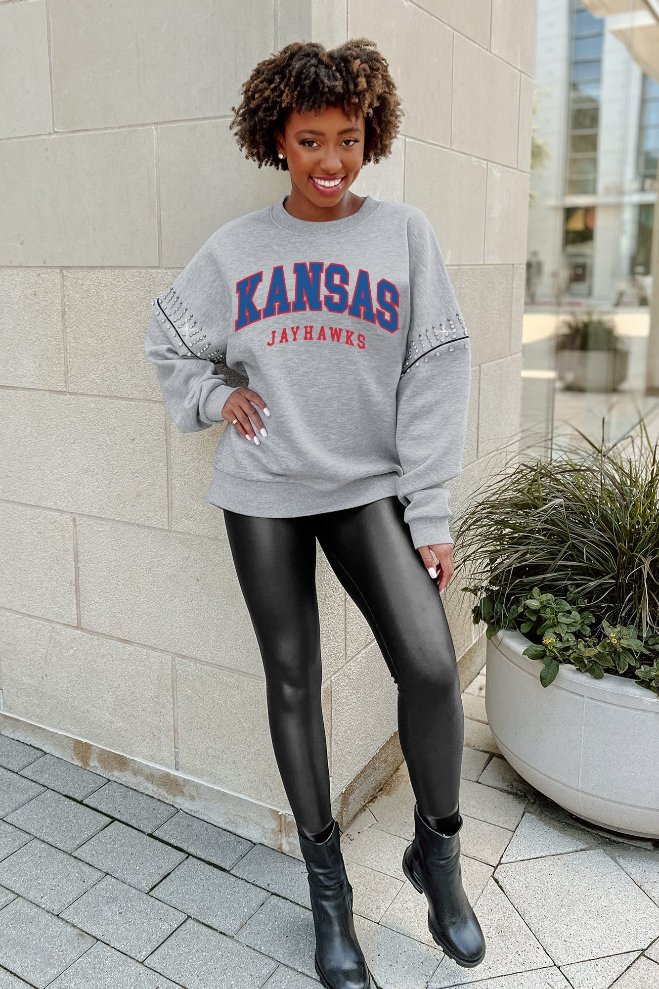 KANSAS JAYHAWKS COMPETITIVE EDGE FLEECE PULLOVER WITH JEWEL SLEEVE EMBELLISHMENTS