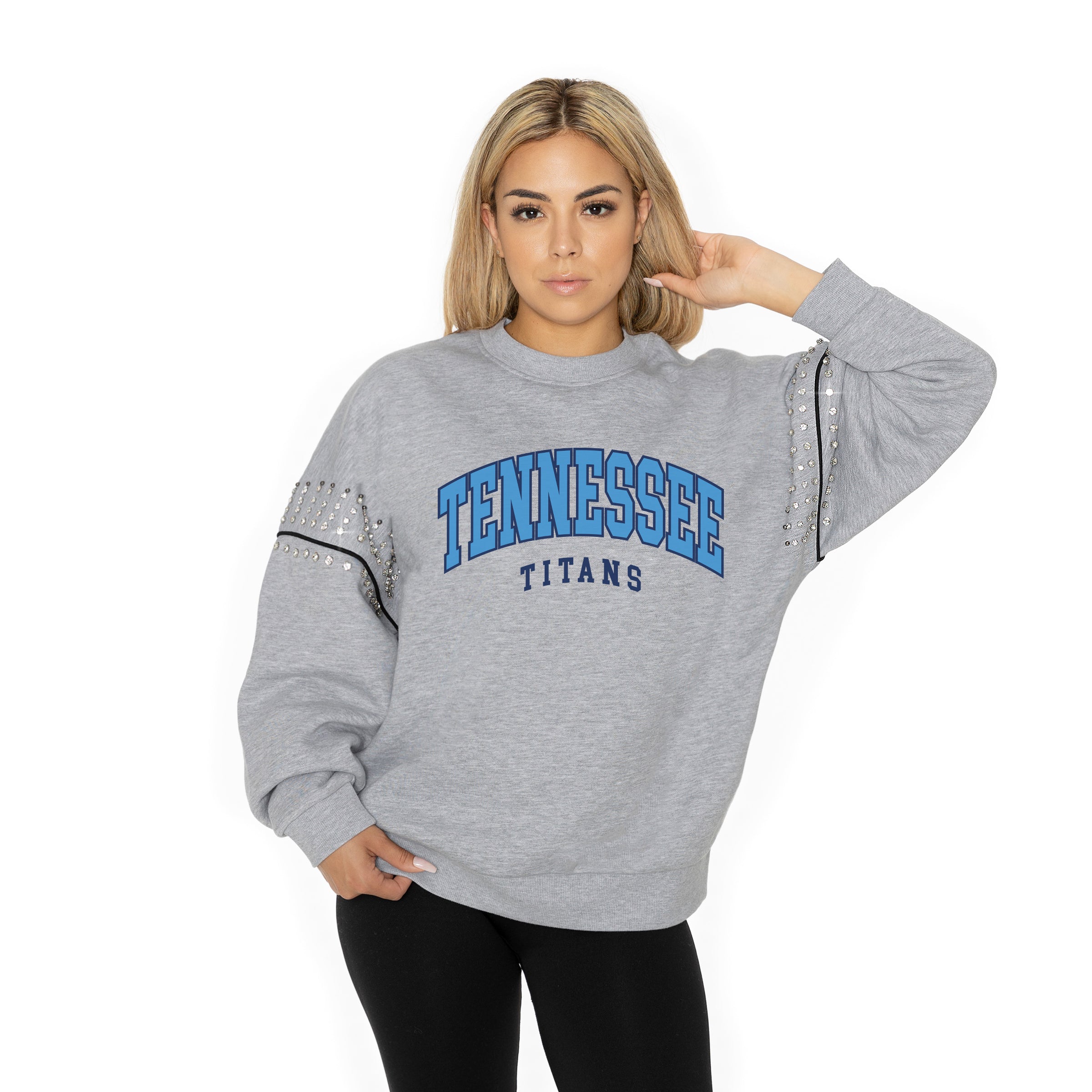TENNESSEE TITANS COMPETITIVE EDGE FLEECE PULLOVER WITH JEWEL SLEEVE EMBELLISHMENTS