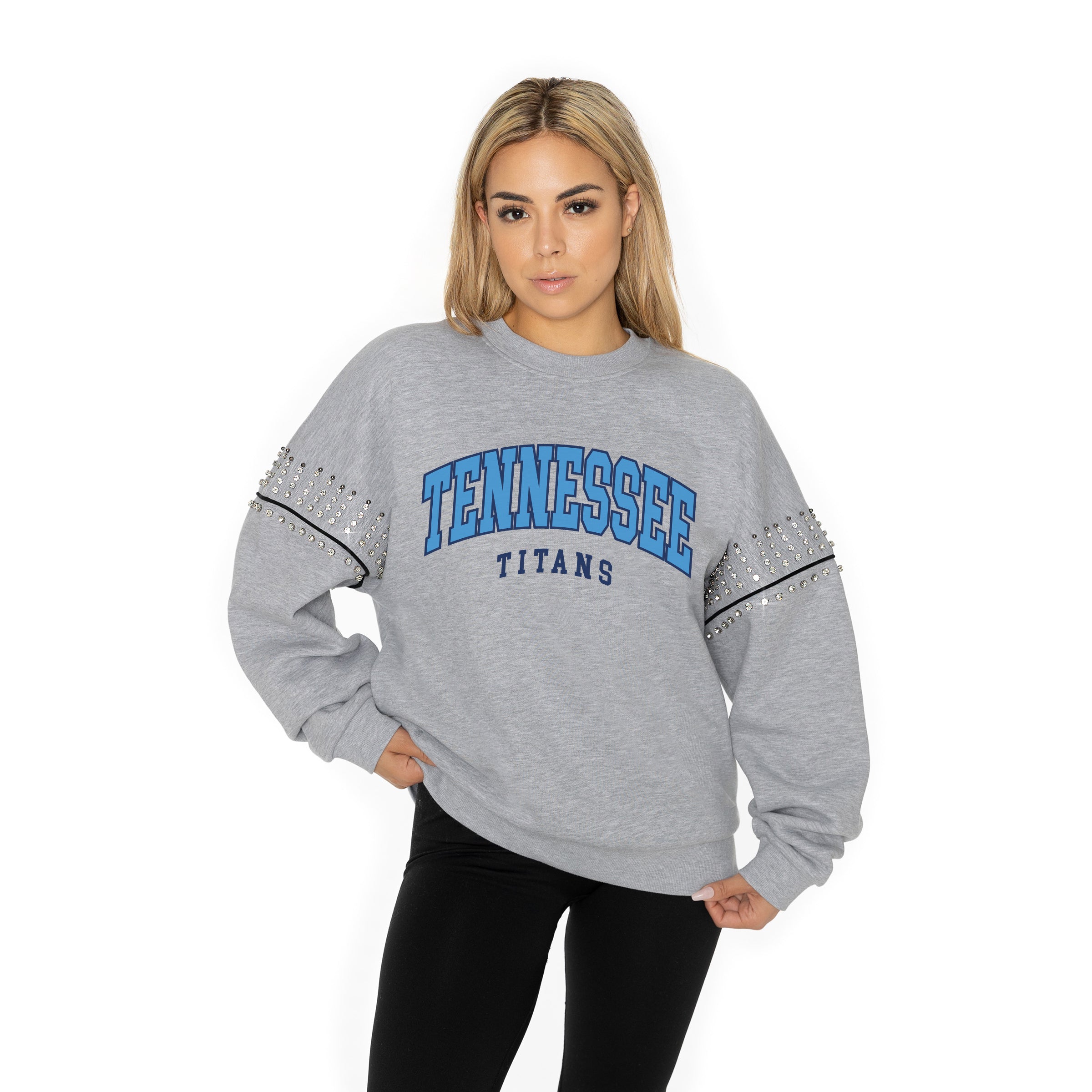 TENNESSEE TITANS COMPETITIVE EDGE FLEECE PULLOVER WITH JEWEL SLEEVE EMBELLISHMENTS