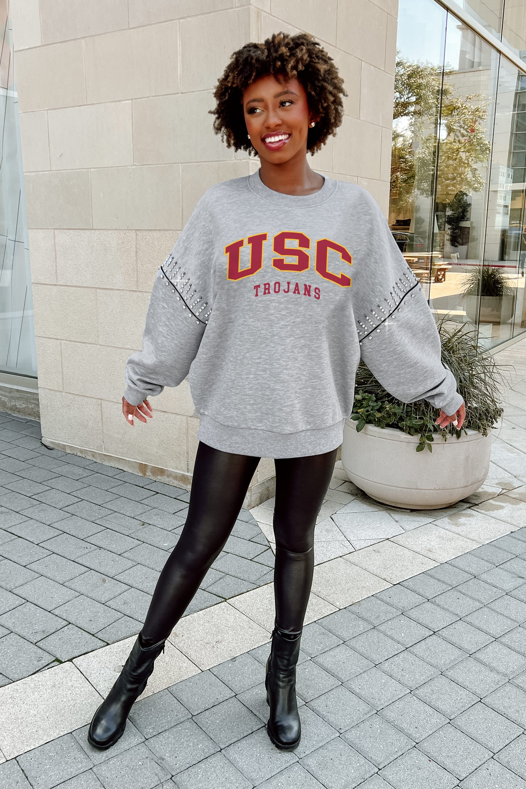 USC TROJANS COMPETITIVE EDGE FLEECE PULLOVER WITH JEWEL SLEEVE EMBELLISHMENTS