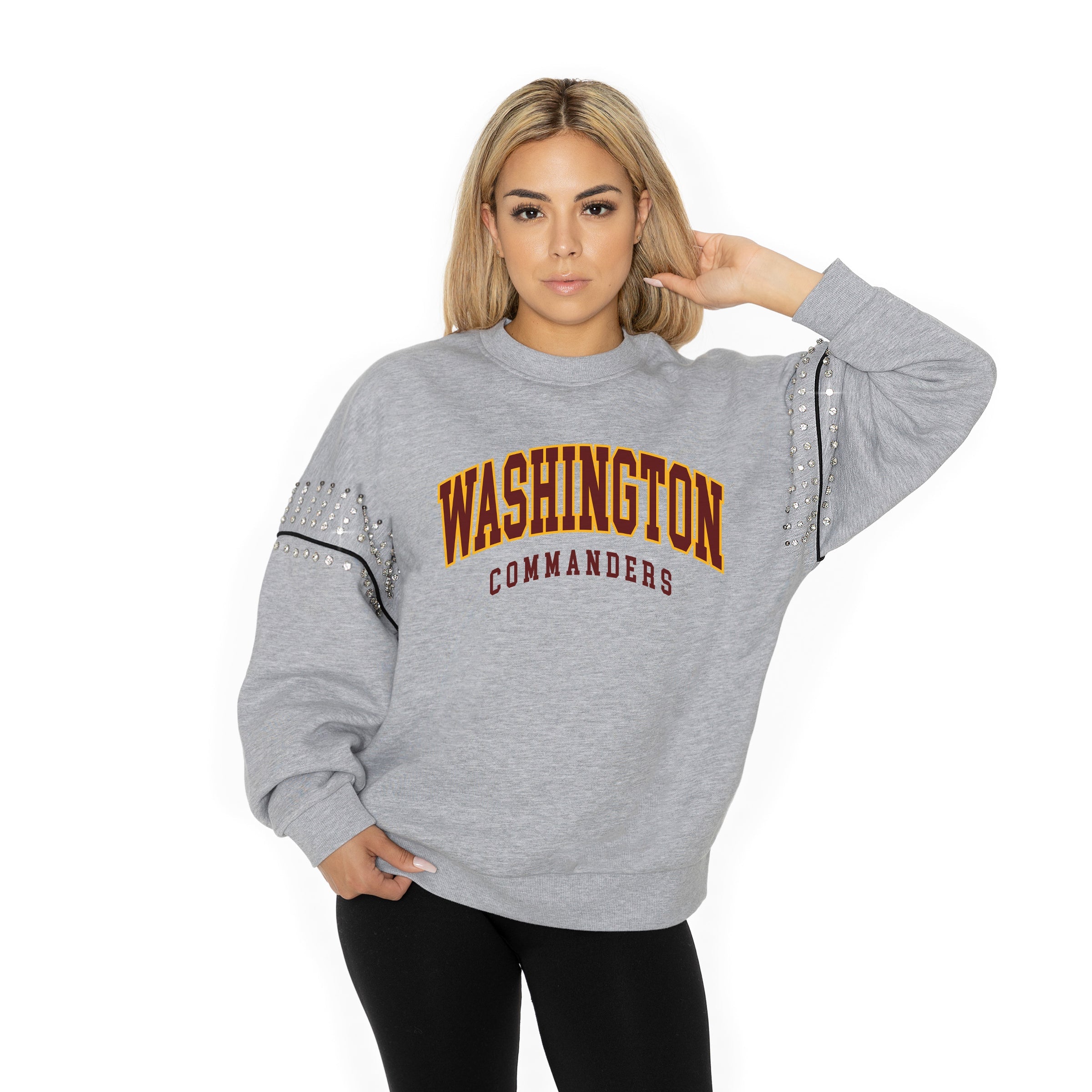 WASHINGTON COMMANDERS COMPETITIVE EDGE FLEECE PULLOVER WITH JEWEL SLEEVE EMBELLISHMENTS