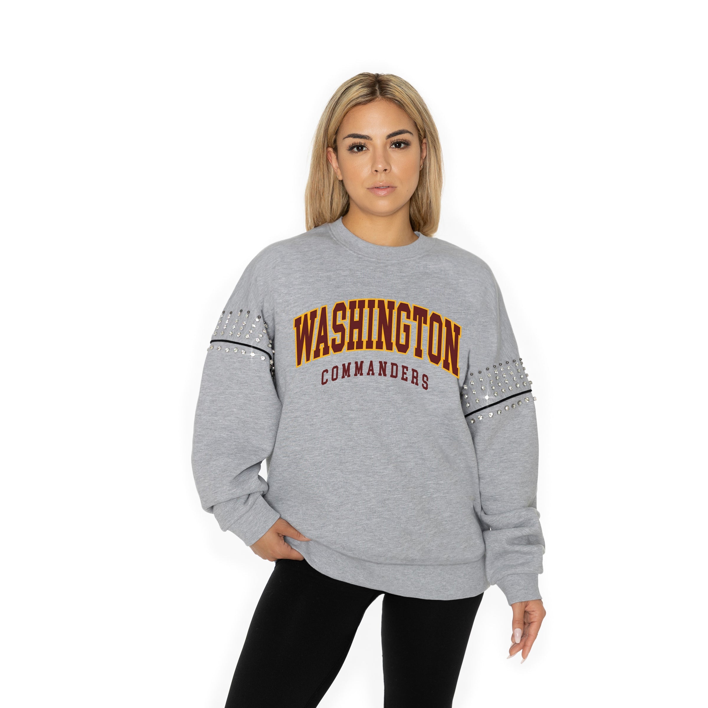 WASHINGTON COMMANDERS COMPETITIVE EDGE FLEECE PULLOVER WITH JEWEL SLEEVE EMBELLISHMENTS