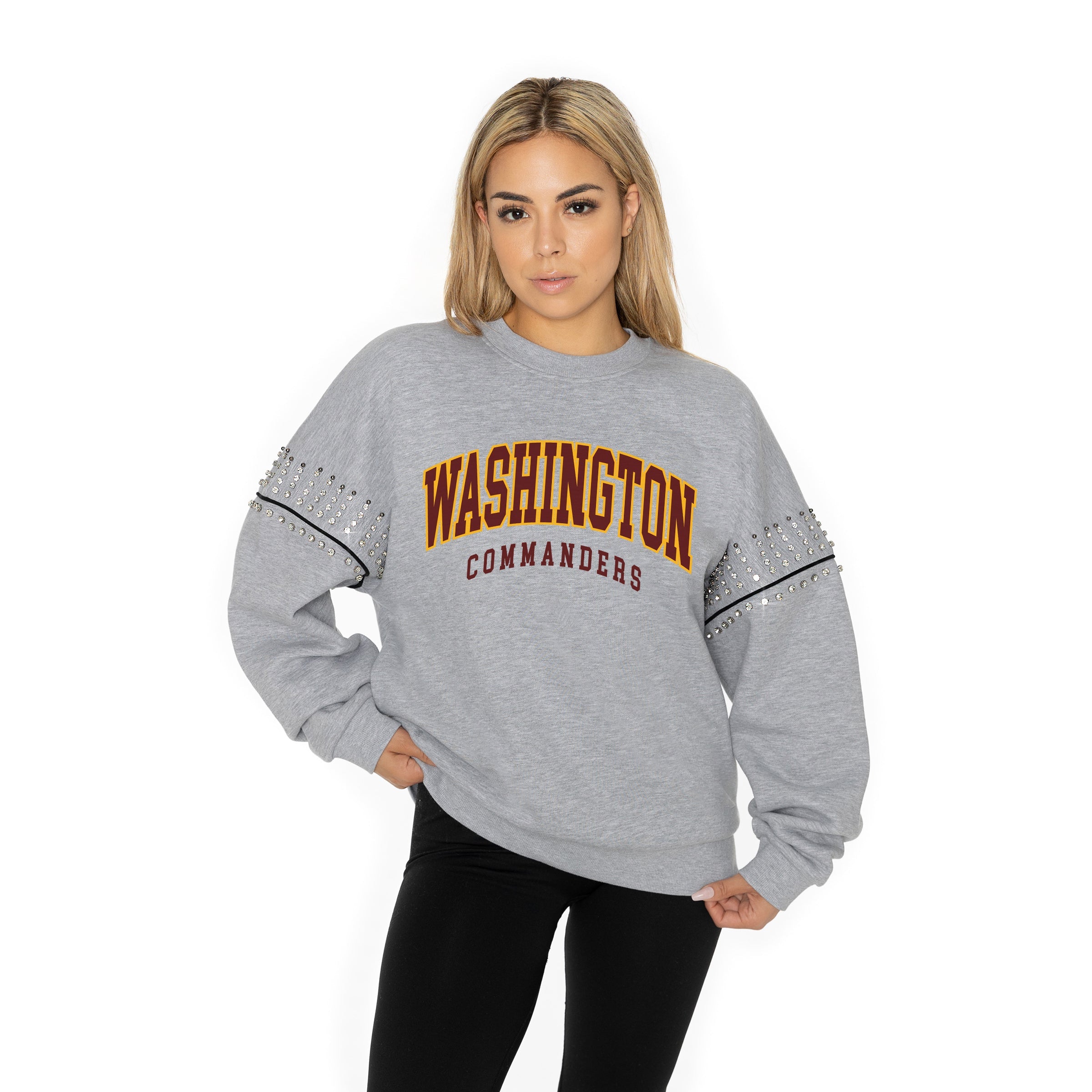 WASHINGTON COMMANDERS COMPETITIVE EDGE FLEECE PULLOVER WITH JEWEL SLEEVE EMBELLISHMENTS