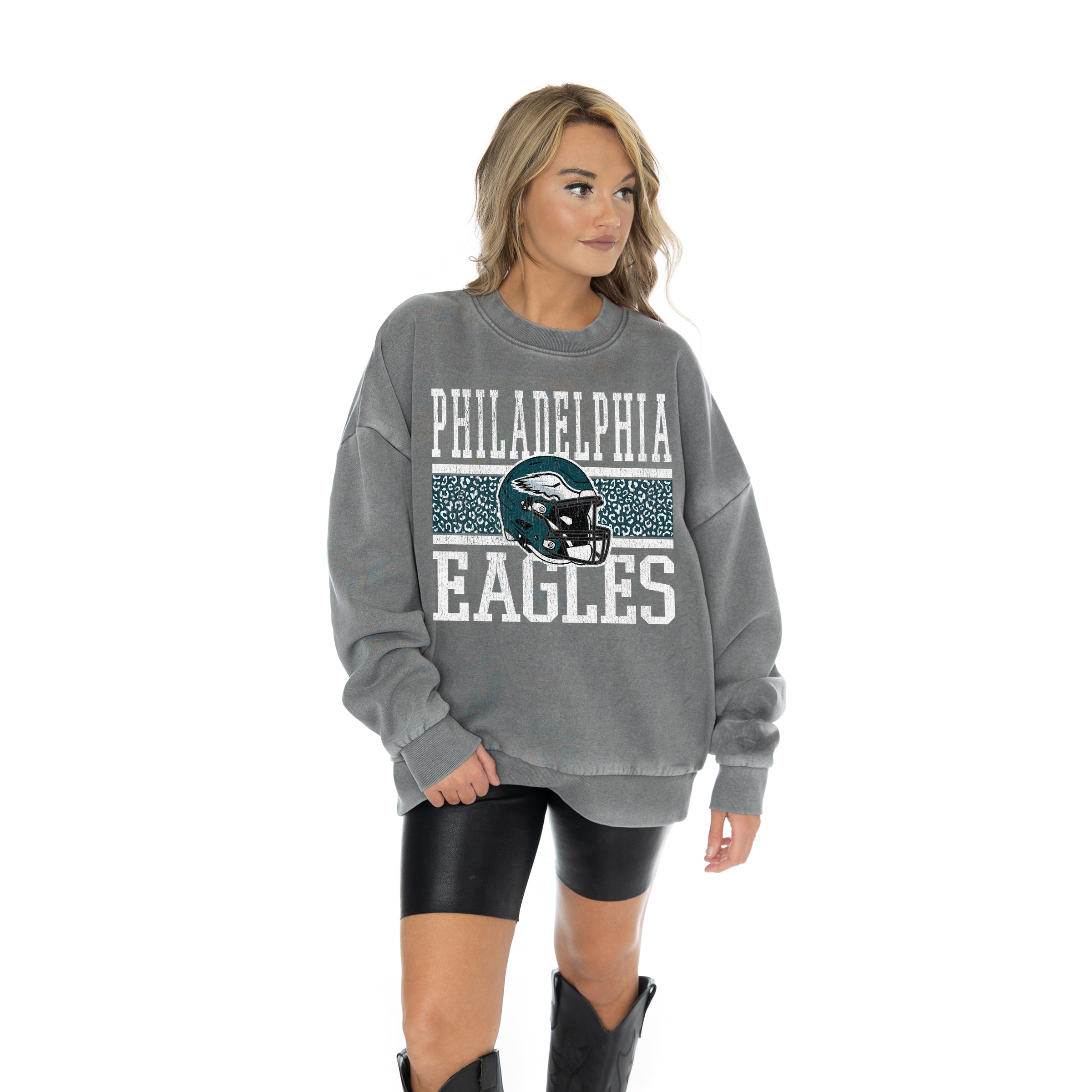 Women s Gameday Couture Gray Philadelphia Eagles Vintage Wash Oversized Crewneck Fleece Pullover Size Large